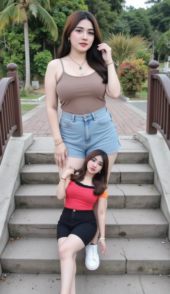 three people standing on a bridge with a woman standing next to them, standing on a bridge, on a bridge, taken in the early 2020s, vacation photo, waist high, standing near the beach, group photo, casual pose, environmental shot, on a sunny day, profile pic, photo taken in 2 0 2 0, 2 0 2 2 photo, threesome, Big tits, huge tits, no clothes, sexy, cute, wide hips, thick thighs, pear-shaped body, minimal clothes, thick, bbw, chubby stomach, thick nipples, nipple piercings, large areola, hard nipples, piercing through shirt, nipples hard through shirt, chubby stomach showing, tummy spilling over the side, muffin top, panties only, no pants, pants off, stomach too big for panties, small crop top shirt, major cleavage, nipples showing through shirt,