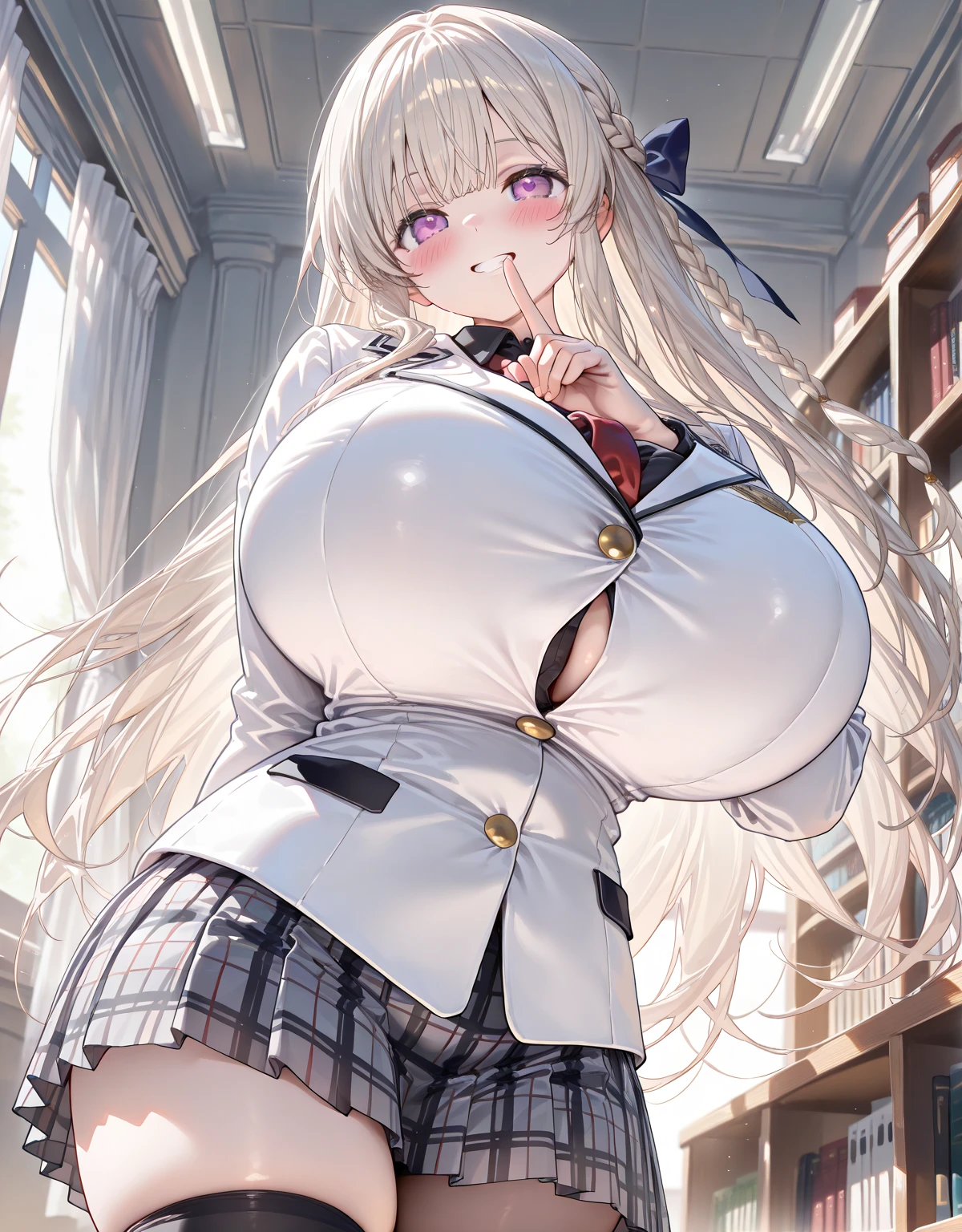 breast focus,loose school uniform is sheer, button gap,(covered nipples:0.7),breasts,under breasts ,red white gold uniform,(side-tie peek:1.5),(button gap:1.5), white skirt, white top, red ribbon, golden buttons, golden shoulder pats, young adult, 19 years, (embarrassed,blush:1.5),blonde hair,low-braided long hair, open mouth,brown eyes, beautiful brown eyes, big breast, striking body curves, horny smile, pink lips, tiny girl, cute pose, masterpiece, classroom background, school