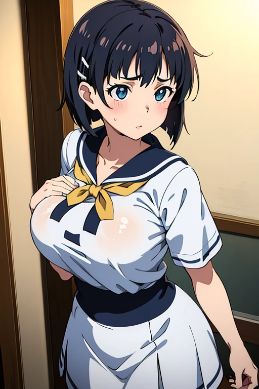 very huge tits, wet sailor uniform, Naoha Kirigaya(sword art online), 1girl, bob hair, black hair, hairclip, masterpiece, green eyes, top-quality, A sexy、school、dynamic angle, view at camera, half body, open mouth,