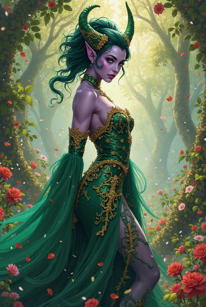 (best quality,4k,8k,highres,masterpiece:1.2),ultra-detailed, beautiful seductive Dryad in a suburban backyard garden, AubreyPlaza, tree woman, plant woman, plant flesh, green dryad, green skin, hair made of pink flowers, glowing green eyes, sensual smile, seductive pose, erotic pose, seethru, HDR, 8k, absurdres, cinestill 800, sharp focus, add_detail:2, (solo, woman)