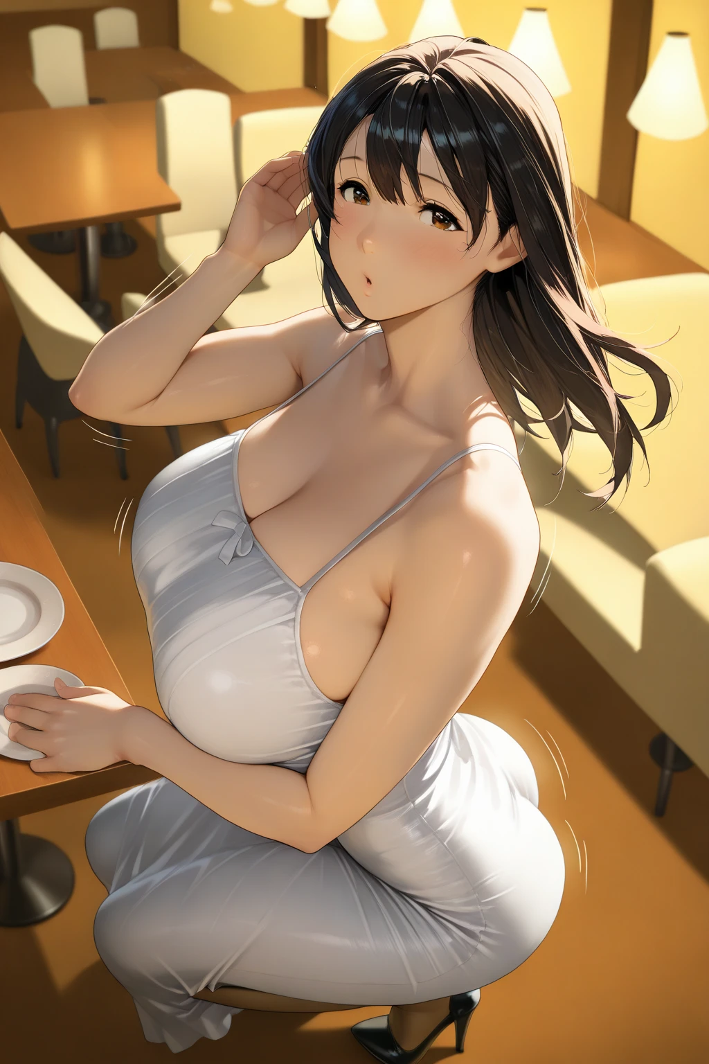 Sexy half-naked 40 year old woman eating ice cream