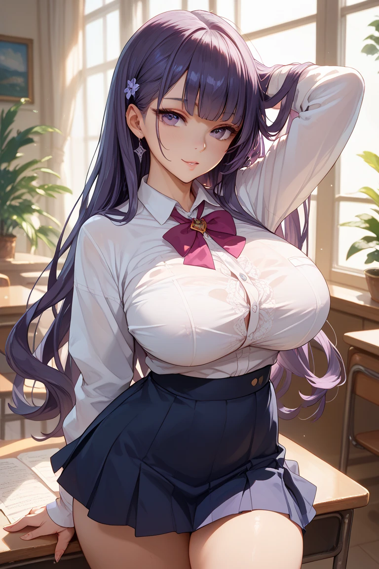 blush, A shining smile, Natural light, masterpiece, Shiny skin, Juicy lips , ,sexy, hot, , Cleavage, evil,Juicy lips, Slut, hourglass, Purple Hair, Red eyes, Big eyes, Large scale , Dim lighting, Long Hair, Slut, cute, evil smile, No hair on the forehead, No fringe, Juicy lips, cowboy shot,teacher, teacher clothes, Dress appropriately , White shirt, Black pencil skirt, twin tails dark Purple Hair