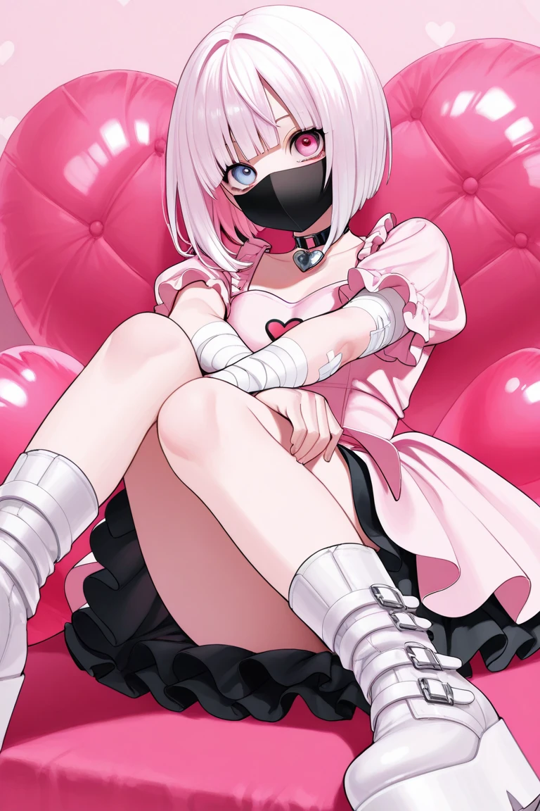 Skinny girl, white skin, white hair, red eyes, fetish costume, white color, pink color, latex, vinyl, corsets, harnesses, cute., best quality, highres, 4K, anatomically correct