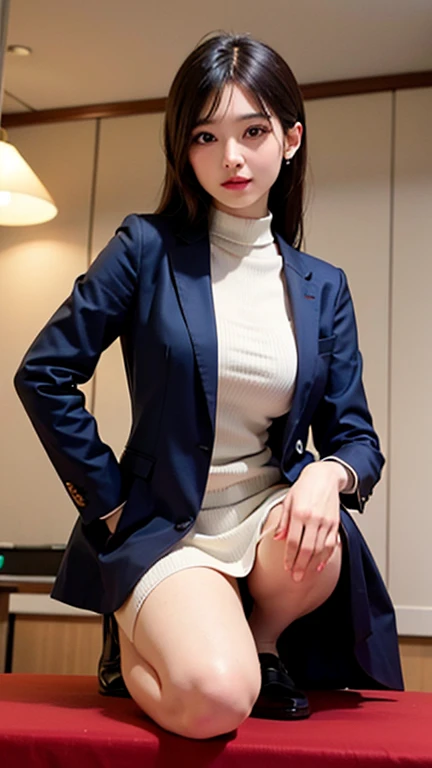 Looks without a bra、Protruding nipple、(in 8K、top-quality、​masterpiece:1.2)、(realisitic、Photorealsitic:1.37)、ultra-detailliert、女の子 1 人、cute little、独奏、Beautiful detailed sky、s Office、sitting on、date、(Nasal blush)、 (Perfect beautiful face:1.15)、(a closed mouth)、Fine and beautiful eyes、(Suits:1.1)、Daytime、、short cut hair、、White lace、(short-hair:1.5)、Float NovaFrogStyle、toppless、full body Esbian、a 20 yo woman、brown haired、、Brown-eyed、small head、((D-cups))、fashionGirl、beautidful eyes、True Face、authentic skin、Lifelike face、real looking skin、A detailed eye、、(No Underwear:1.3)、Dynamic Poses、viewer、See detailed faces and breasts、announcer,See-through shirt。The tips of the are sticking out。areola protruding。The shape of the pubic area is clearly visible。gals。Lots of lashes。Pure black eyeshadow。Pitch black lip。Pure black sexy pin heels。pubick hair。the lower abdomen bristles。A slender。crotch open。I'm big。Very much pubic hair。pubic hair is very protruding,Petite and delicate figure、Dark blue suit、Camel toes、Protruding＿teats
