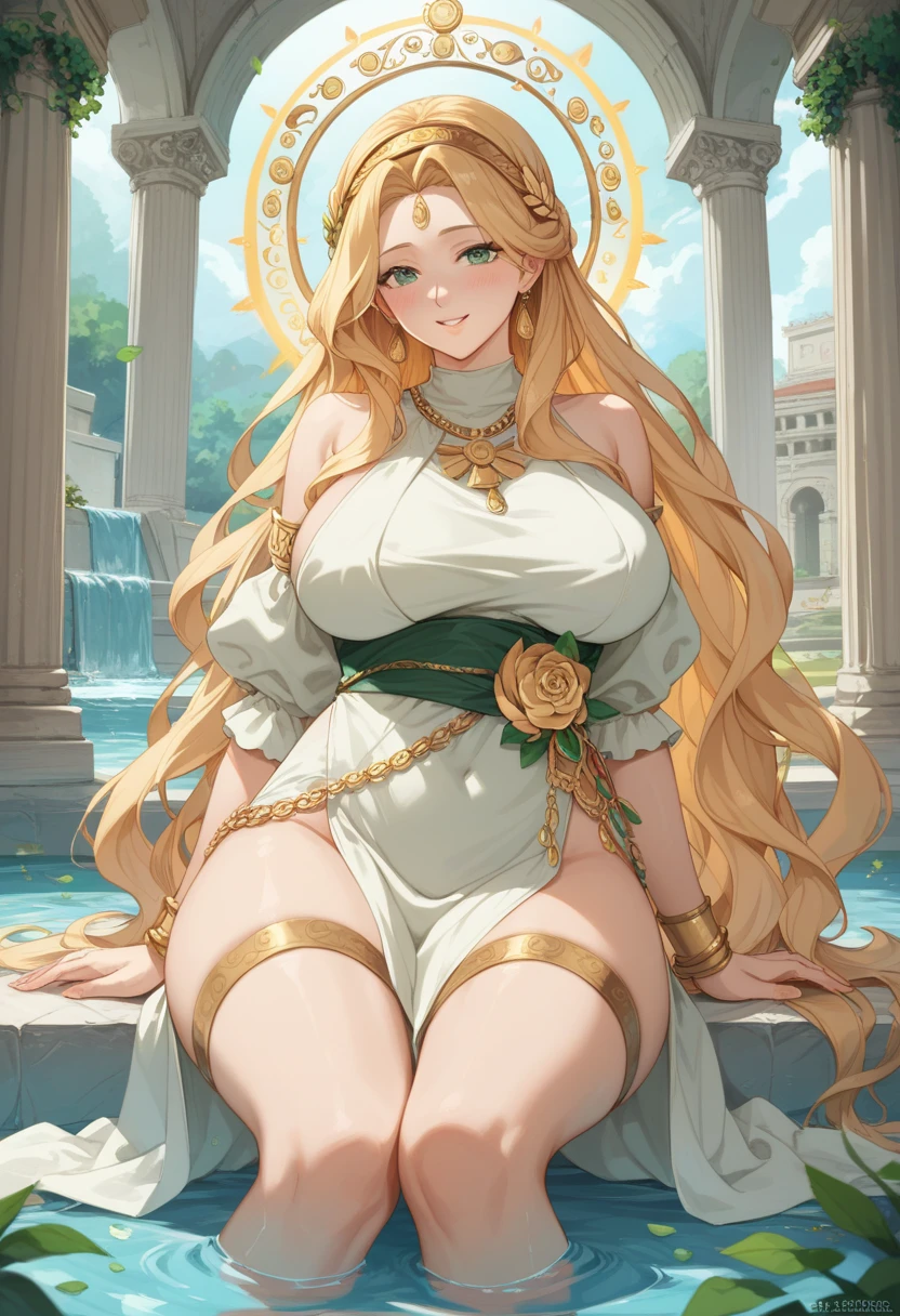 An extremely beautiful stunning woman with a perfect busty body, gold blonde long silky hair, big blue eyes, extremely super bright snow white fair stunning flawless glowing lush shiny flawless white skin, a perfect tight hourglass figure, and a skinny waist, sexy thick smooth luscious legs, and thighs, extremely cute smile on the face, bright pink blushes on cheeks, wearing a tight knee-length white floral dress, pink off-shoulder sweater, yellow heels, gold necklace on the neck, gold anklets on feet, gold chain on the waist, standing straight, holding a chocolate bar, garden in the background, show full body from head to feet.