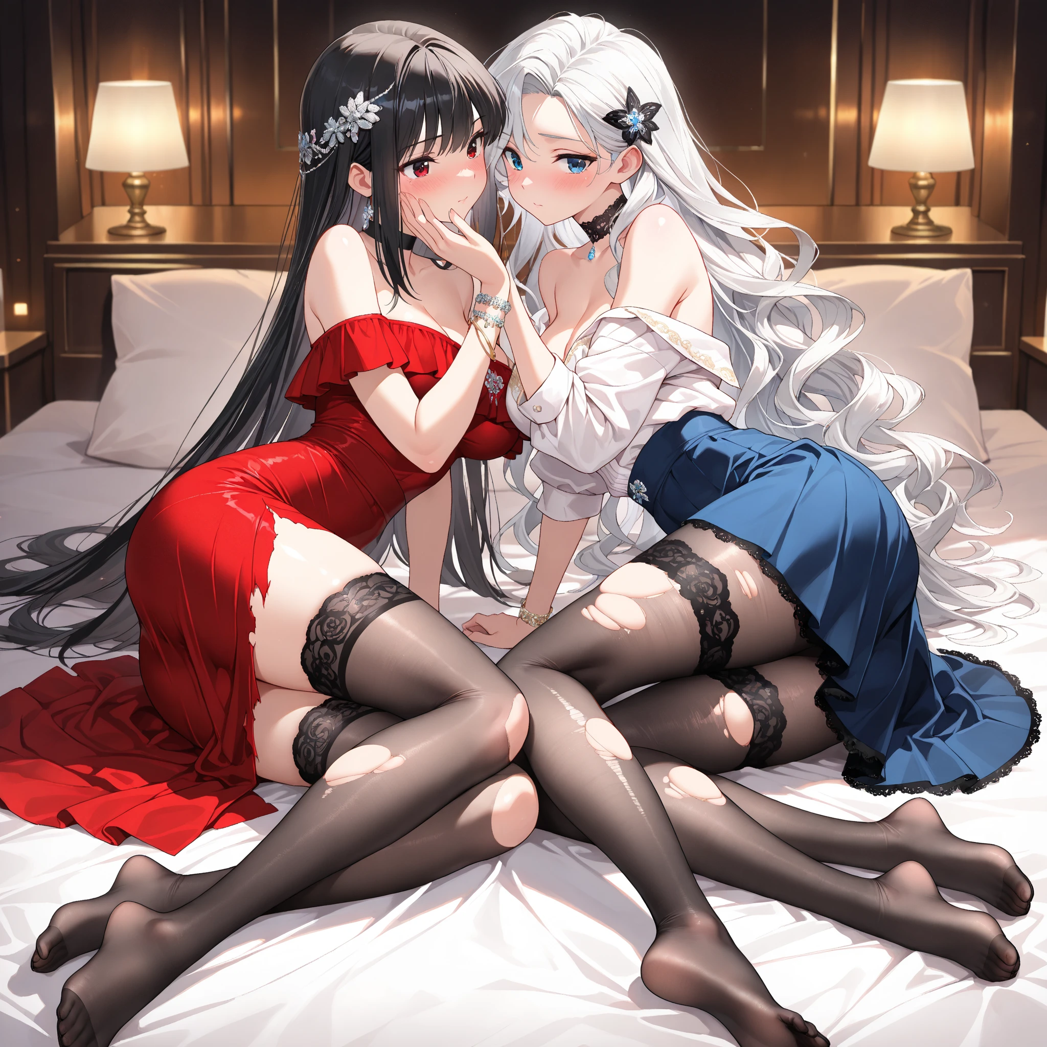 off-shoulder,belt,legbelt,choker,high heels,pierc,beautiful lips,large breasts,deep kiss,hug,