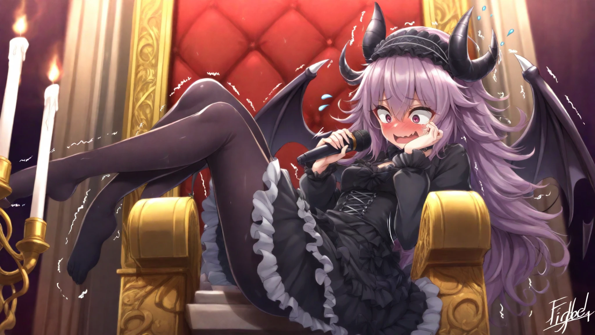 ((Highest quality)), ((masterpiece)), ((detailed)), (4K), nsfw, 1girl, 独奏, purple hair, maid, Miniskirt, 2devil ears, long tongue, small breasts, spread legs, (looking up), (from below), looking at viewer, (foot focus), sweat, blush, grin, aroused, (orgasm), cameltoe, see through, long tongue, bedroom