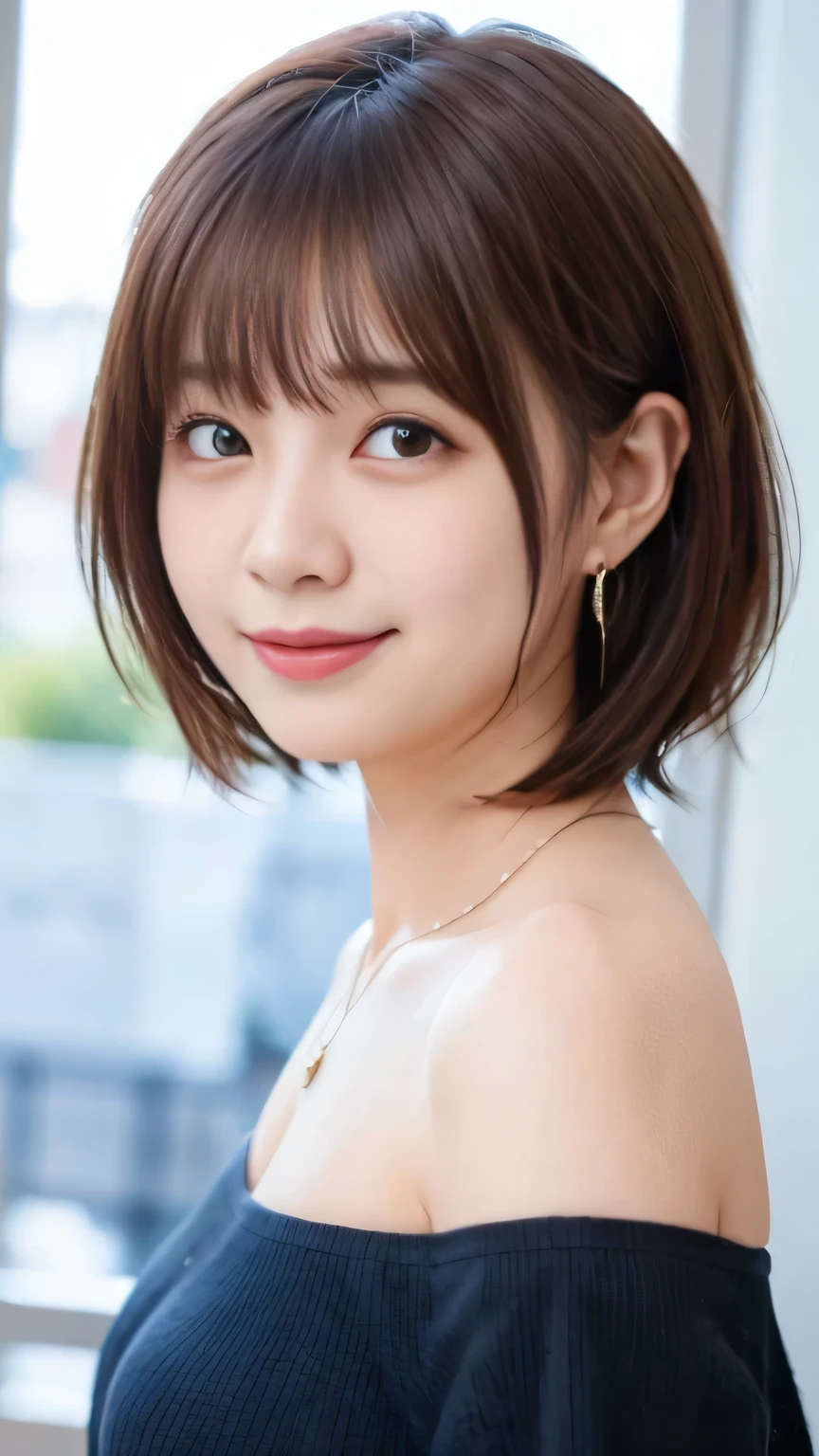 (masterpiece, highest quality、software:1.8),1 girl, alone, realistic, realistic, looking at the viewer, light brown eyes, 非常に詳細な光沢のある髪を持つブルネットのshort bob hair, short bob hair:1.6、Whity, lips, bangs, closed mouth,幸せなsmile、 Upper body、Big eyes、eyelash、((very simple yellow background:1.9、Beautiful face in symmetry))、(((bangsのあるショートヘア:1.6、Big eyes、big and full chest、look at the audience、beautiful beauty、show me your ears、long neck、smile、please close your mouth and smile)))、ideal body proportions、{Huge|big|Hugeな|mega} chest, cleavage