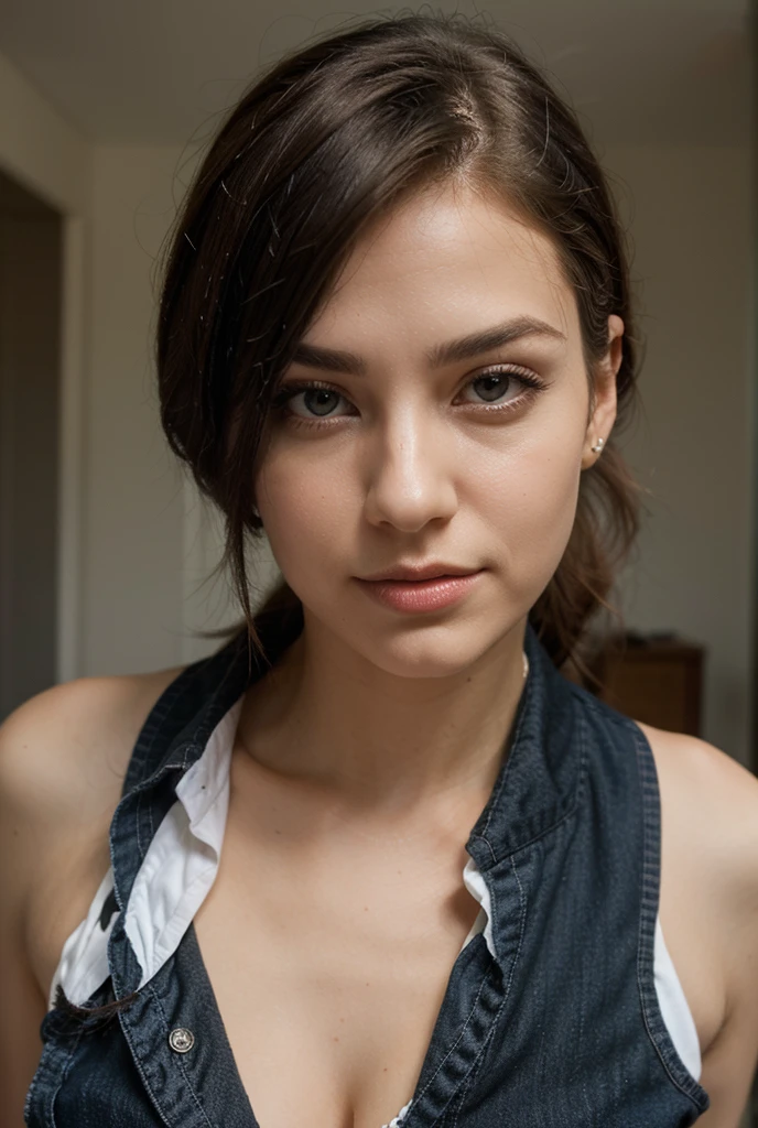 (realisitic、hight resolution:1.3)、1 girl with a perfect figure、Super thin face and eyes、shorth hair、Tank Tops:1 in random color.2、Short jeans、in a cafe、coffee on table、huge boobs、red tight t-shirt