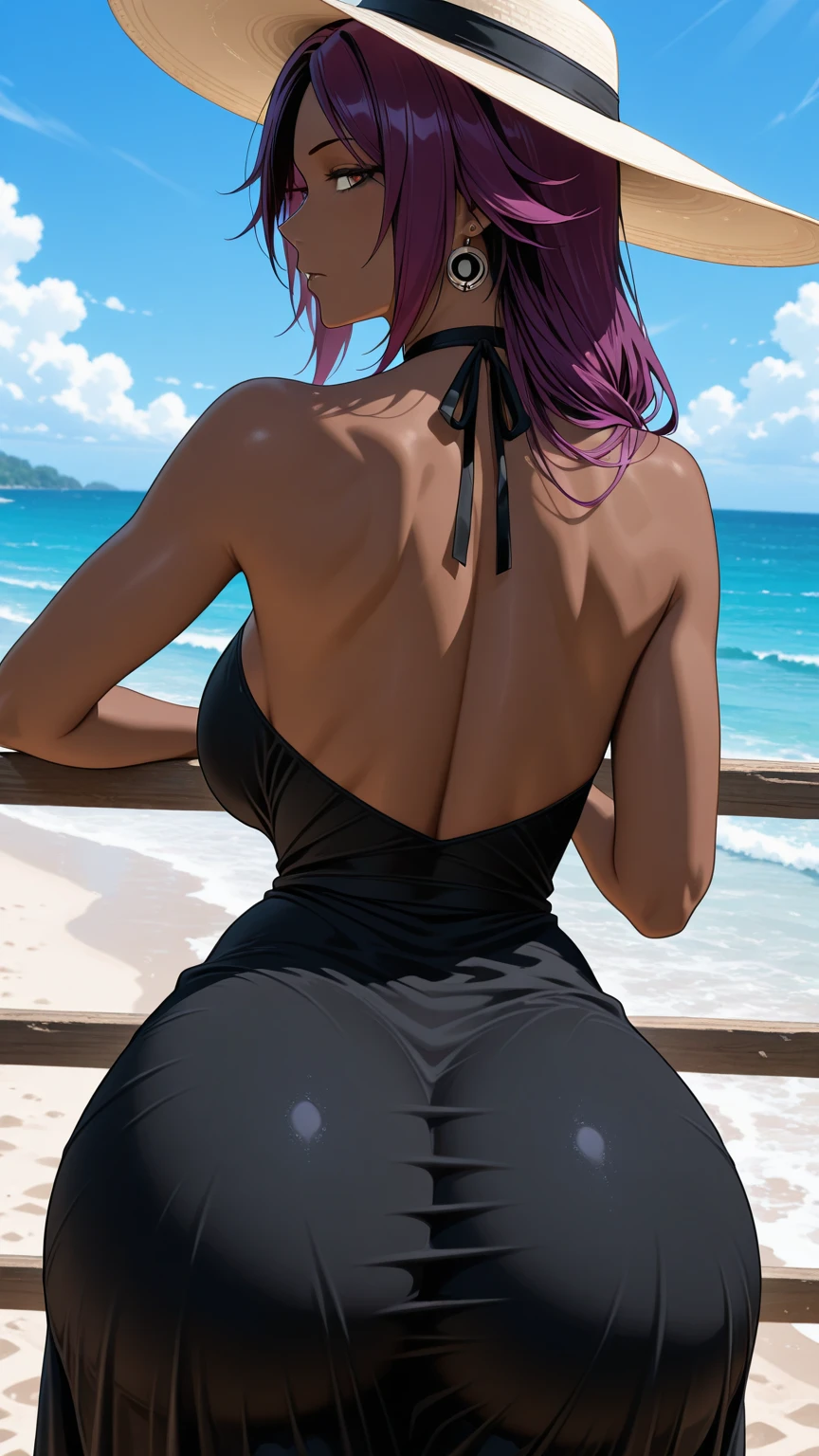 Realistic eyes, upper body picture, standing, beautiful lady, lavender hair, dark makeup, hyperdetailed photography, sun light, athletic body, realistic gold eyes, hyperdetailed eyes, hyper realistic, 16k eyes in focus upper body, very high quality image, extreme details of realism, ultra definition, 16k UHD,  Piped Splice Wide Strap One Piece Swimsuit , cloudy beach background, back turned 