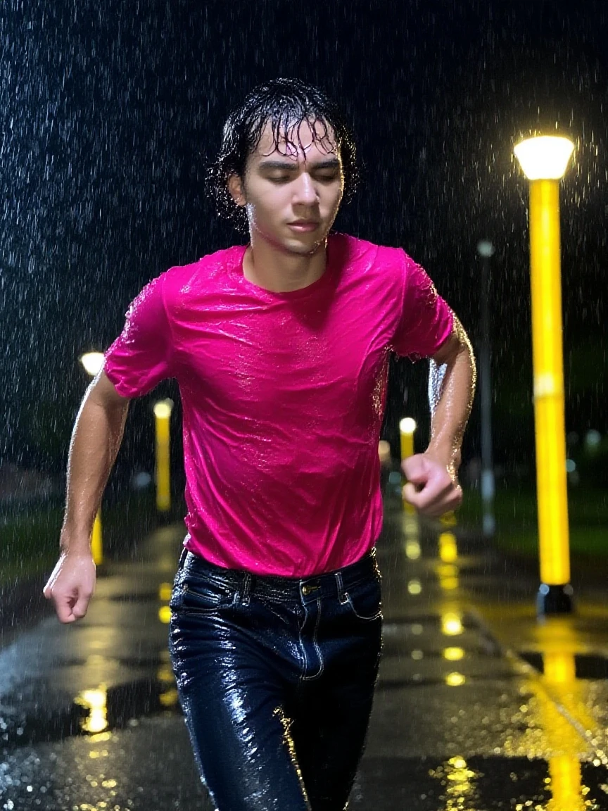 masterpiece, best quality, 1boy, athletic twunk, running on sidewalk, sport shorts, trainers, t-shirt, wet, wet clothes, rain, realistic, dramatic lighting, atmospheric, intricate detail, ((street background)),