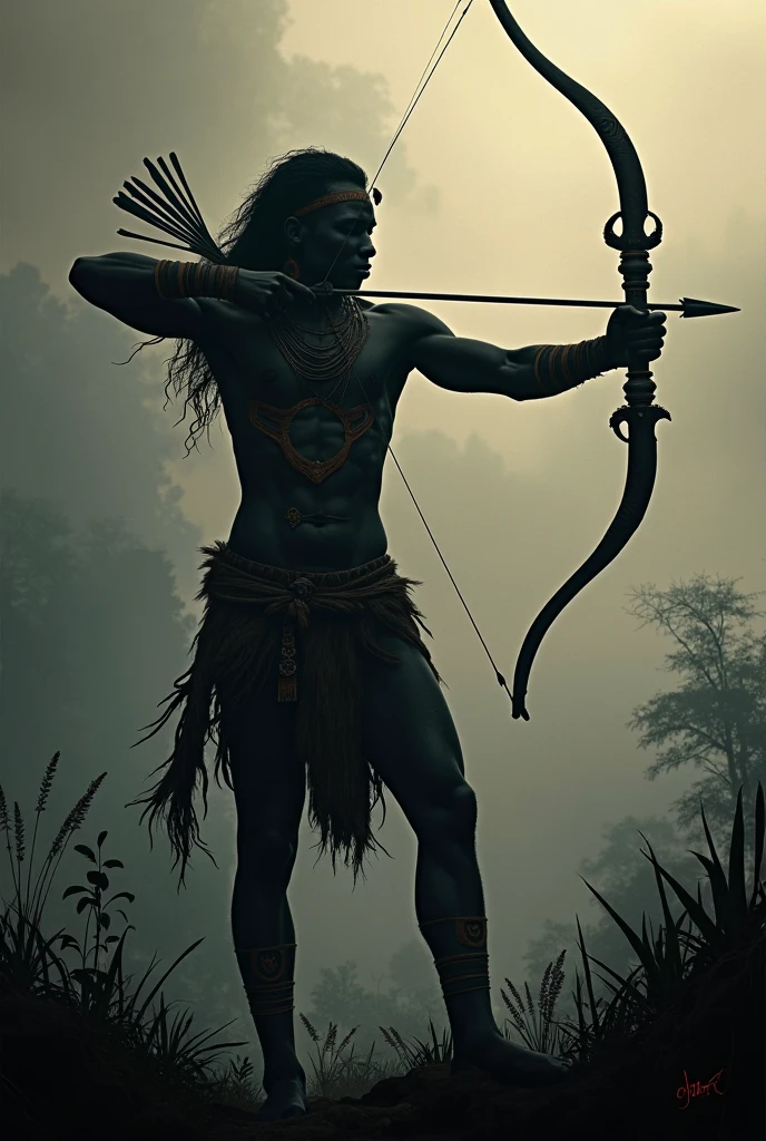 Orisha Oxossi with hat shooting arrow in black and white