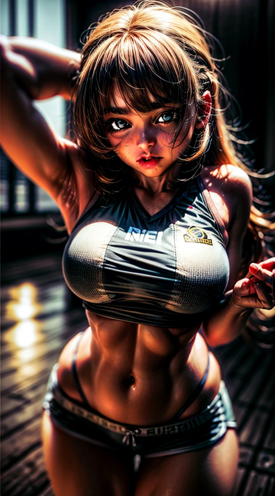 masterpiece, Maximum quality, Unreal Engine, Super resolution, Very detailed, 

beautiful woman, bloomers, A 36 year old woman alone, blue eyes, blue hair, aquamarine hair, single sheet, short hair, Vivid expression, Healthy body, Beautifully detailed sweat glands, soft skin texture , Carefully drawn, 

(humidity: 1,2), pretty eyes, (attractive face: 1,2), (pretty skin), (big breasts), swollen nipples, (sticky with sweat), in a dynamic pose,

In the world of Dragon Ball