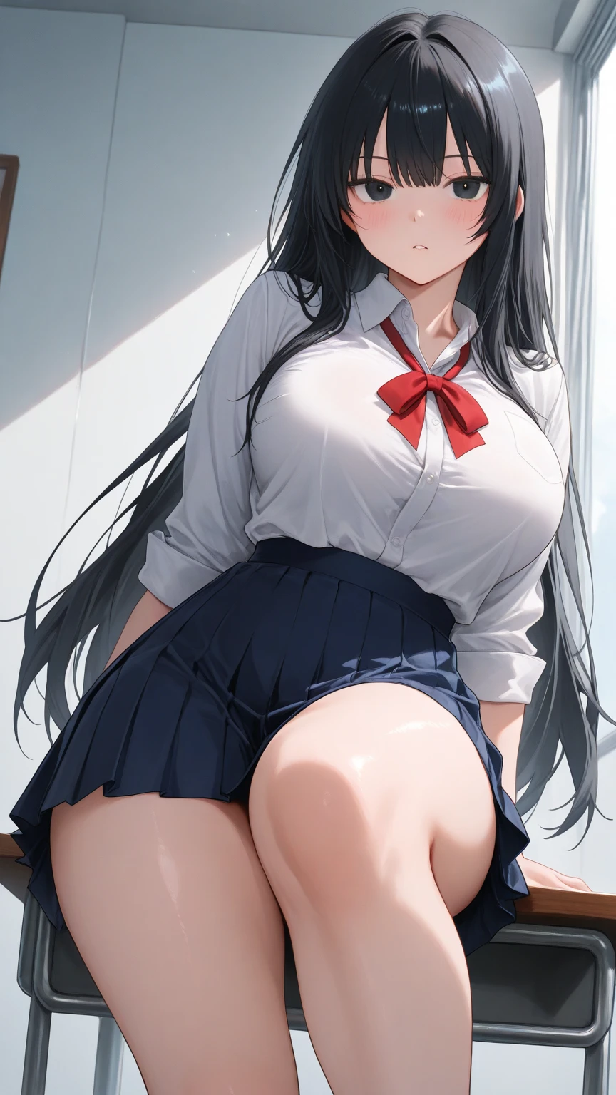 (masterpiece, best quality:1.2),illustration,8k,hd,1girl,solo,upper body,(portrait:1.2),horns,large breasts,very long hair,black hair,skirt,bow,pleated skirt,white shirt,red bowtie,short sleeves,collared shirt,parted bangs,white thighhighs,(summer sailor uniform, serafuku, red butterfly tie, naby pleated micro skirt, celeste string panties), sitting, squatting, spreading legs, (((torn clothes, dripping wet clothes))), peeing, peeing over panties