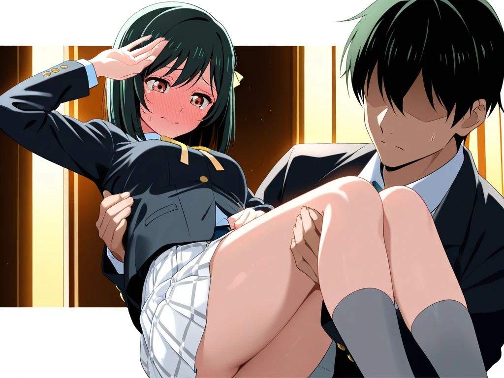 highest quality, High resolution, 1 girl,6 boys, (12-year-old boys), classroom, spread your legs, (shame, blush, Ahegao、excited、open your mouth、stick out tongue), (a girl is being held by a man: 0.3),grab from behind、Chest grab、nsfw、pokemonliko,gathered skirt、blue jackeT, whiTe shirT、night、dark、pussy juice、((orgazm))