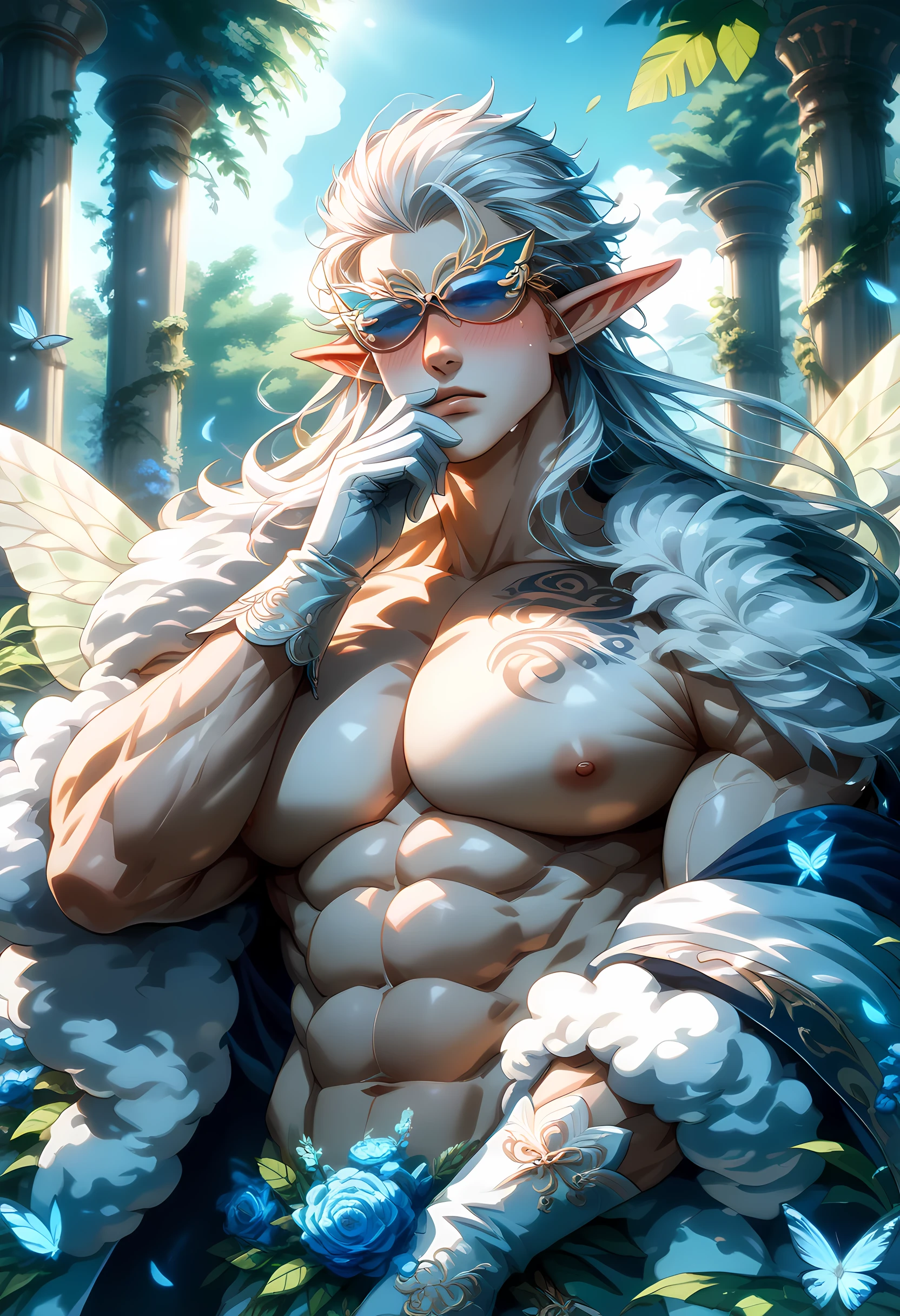 Score_9, score_8_up, score_7_up (((intricate design))) (((Digital Artwork))) (((clear focus))) (((32k UHD Resolution))) (((photorealistic))) (((hyper-detail))) (((masterpiece))), expressive eyes, perfect face, mesmerizing eyes, perfectly detailed anatomy, low contrast, Unreal Engine Rendering, Octane Rendering, Global illumination, beautiful landscapes, epic landscapes (((Volumetric lighting))) (((dramatic lighting))) (((1Male))) (((toned physique))) (((male only!!))) (((bodybuilder))) (((muscular))), (((hyper pecs))) (((abs))) (((pale white skin))) (((Moth-Scaled Skin))) (((gray body blushing))) (((wearing clear gloves))) closed eyes (white eyelashes) chest tattoos ((sad expression)) crying, tears (((super long white straight hair slicked back))) (((fluffy skin))) (((elf ears))) (((large concealing mask covering eyes))) elegant, glowing circlet, mysterious appearance, (((feathered moth wings))) ((moth anatomy)) ((feathery & thick antennae)) moths, butterflies, silk, (((Wearing a coat made from woven from wool))) (((Setting: In a serene floral garden with tall marble pillars, delicate blue flowers cascading down the pillars in various shades from sky blue to deep indigo, lush greenery surrounding the scene, soft sunlight filtering through the leaves)))