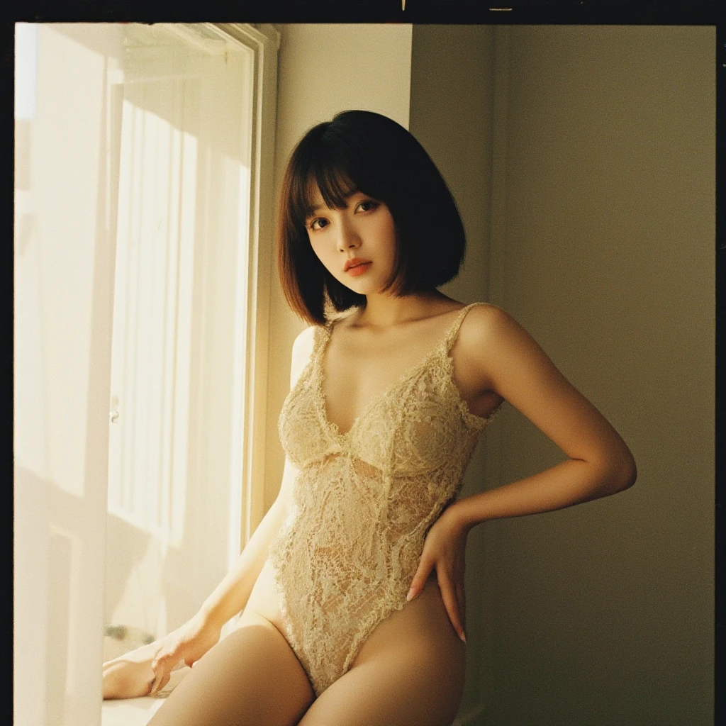 Japanese woman in black latex posing in front of a window overlooking a city, wearing atsuko kudo latex outfit, wearing leather body suite, wearing black latex outfit, intricate wet latex suspenders, Yoshitomo Nara, wearing a black lingerie, asian bald goddess, gorgeous 20 old model, leather body suit, wearing leather bikini,Masami Nagasawa