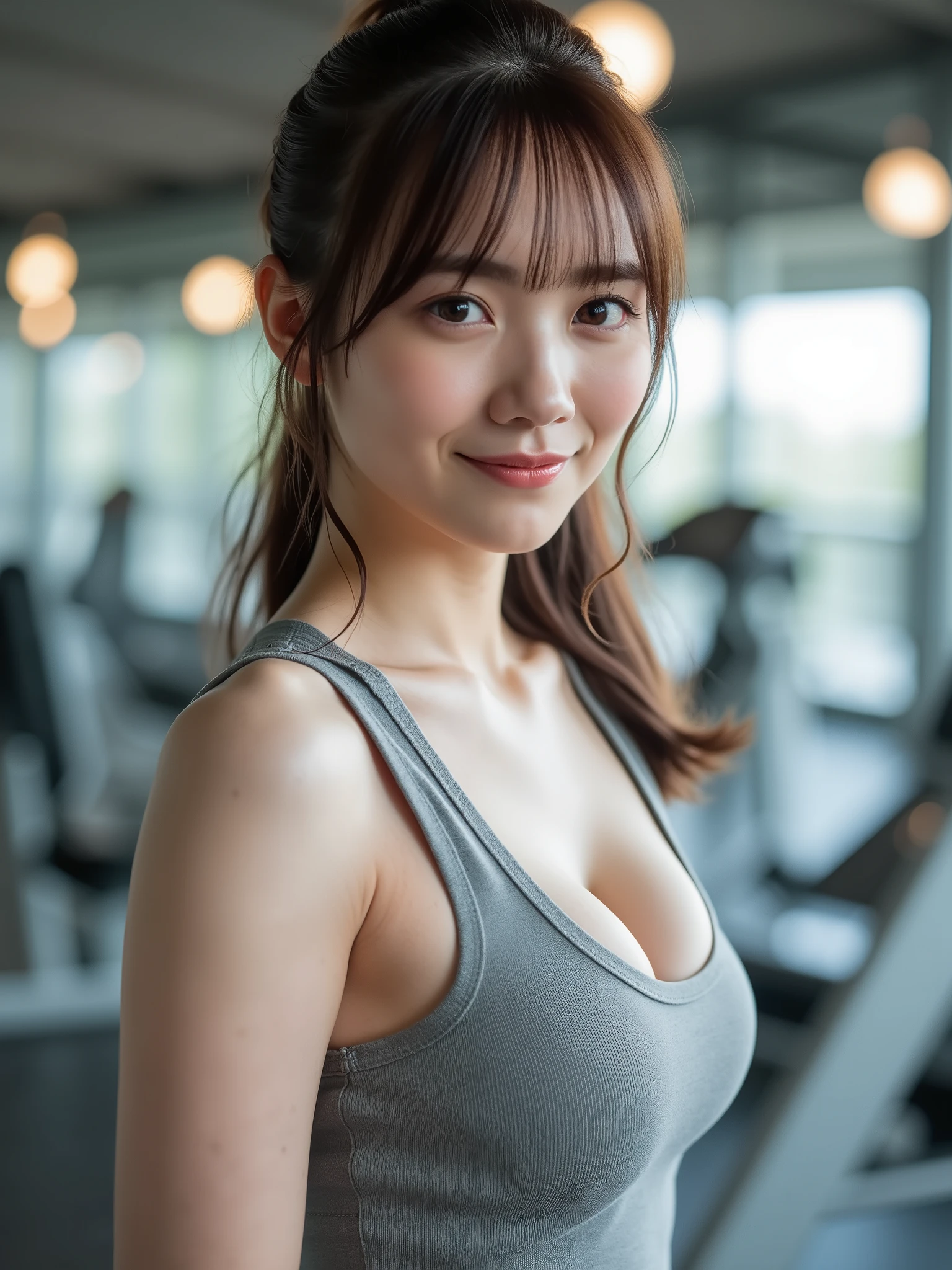 real photos、4K High Resolution Photo、Tank Top、26 Year Old Gravure Idol、ponytail、cute hairstyle、Inside the gym