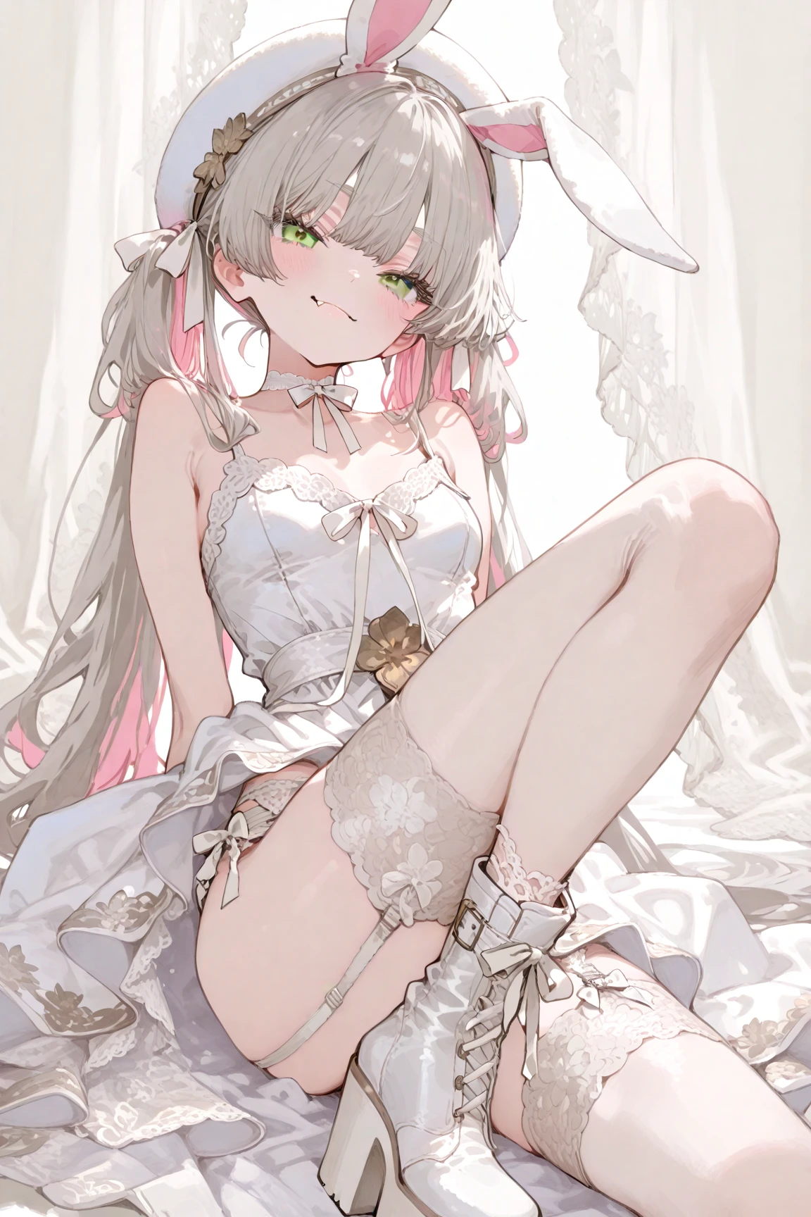 ((masterpiece, best quality)), Delicate face，Beautiful bunny girl，gold，whole body，Long legs，Large Breasts，Gradient double ponytail，Perfect body proportions，Nice pink eyes，Extremely beautiful，transparent， Pure white background，Erotic_lingerie，sexly_比基尼，Lace，Garter stockings
