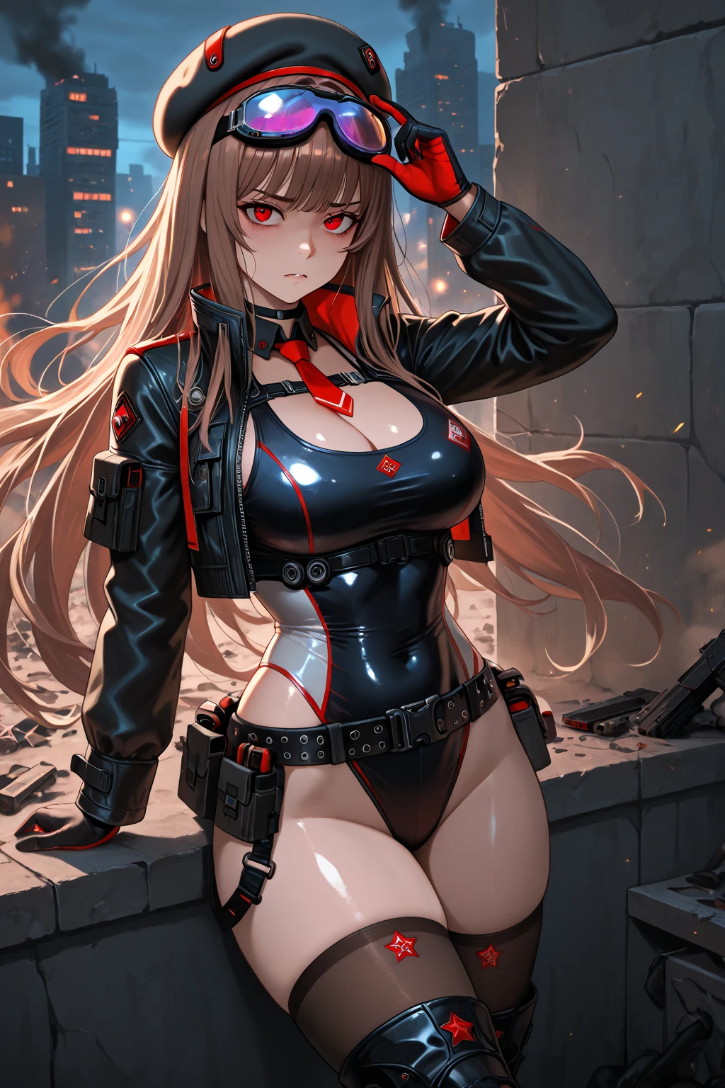 4K resolution,((Highest quality)),Ultra-high resolution,Adult women, alone, sexy, (Stern face), (Red eyes), Beautiful and symmetrical face, (Black irregular long hair), Black coat,Black suit pants,A mercenary woman,Realistic:1.4,Realistic:1.4,night,(masterpiece:1.2),Perfect Eyes,Perfect Eyes,Ample breasts,Beautiful thick legs,Holding a gun,Perfect Legs,In a dark warehouse