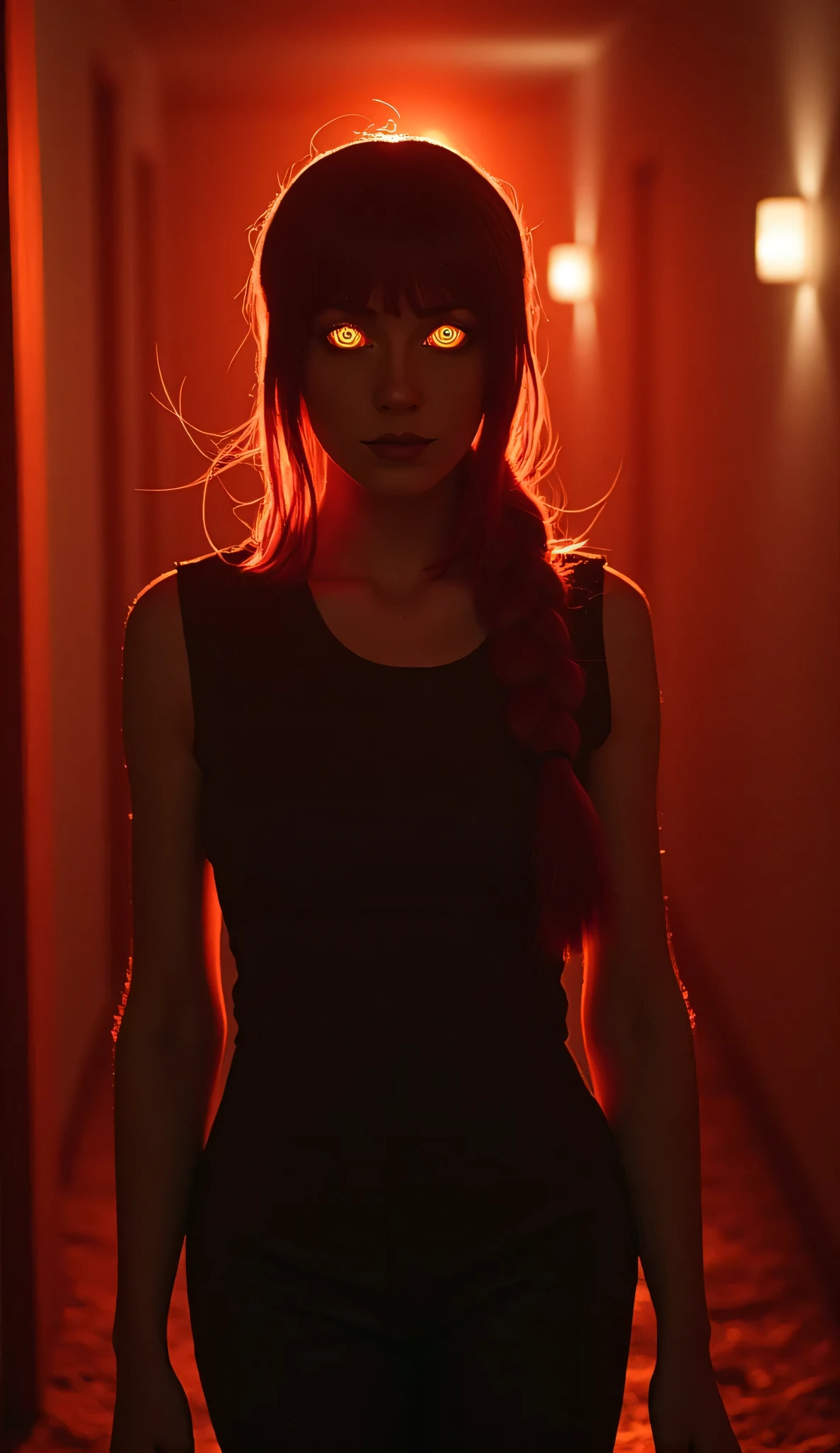 masterpiece, cinematic full body shot, Makima (Chainsaw Man) walking forward slowly, glowing orange eyes, hypnotic gaze, long braided red ponytail swaying, horror mood lighting, soft backlight with orange-red tint, volumetric lighting haze, dark aesthetic, evil smile, glowing highlights on eyes and lips, realistic texture skin, high-res detail, sharp focus, film grain overlay, scratchy horror artstyle, eye trail effect (1.2), dramatic shadows, low angle front-facing shot, night indoor setting with minimal warm light pools
