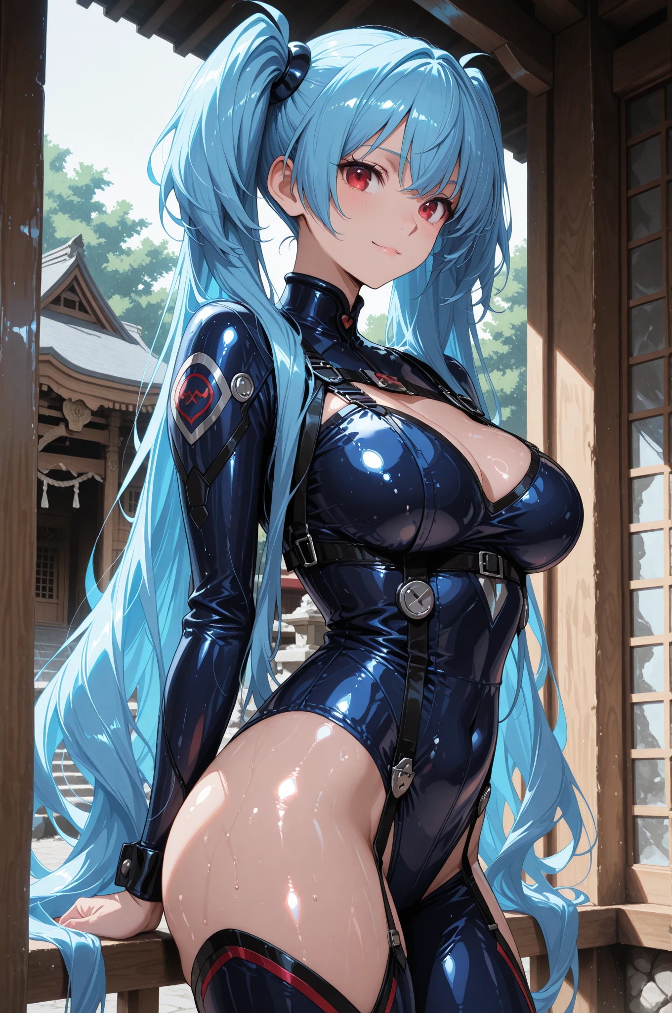 (masterpiece, best quality, extremlely detail unity 8k wallpaper, exquisite character design, beautiful huge breasts, extremely face details, extremely good anatomy), asagi, 1girl, breasts, solo, smile, abs, toned, looking at viewer, hand on hip, blush, huge breasts, blue hair, long hair, bangs, hair between eyes, green eyes, (nurse outfit:1), skin tight clothes,
