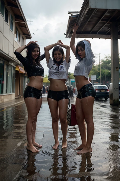 The image shows a group of very cute 12-year-old girls in the rain, at the nudist bus stop, waiting for the bus, with their entire bodies wet, wet hair, ((barefoot)), 16k, highres, best quality, award winning, high quality, high details, super detail, textured skin, anatomically correct, ccurate, masterpiece, retina, UHD