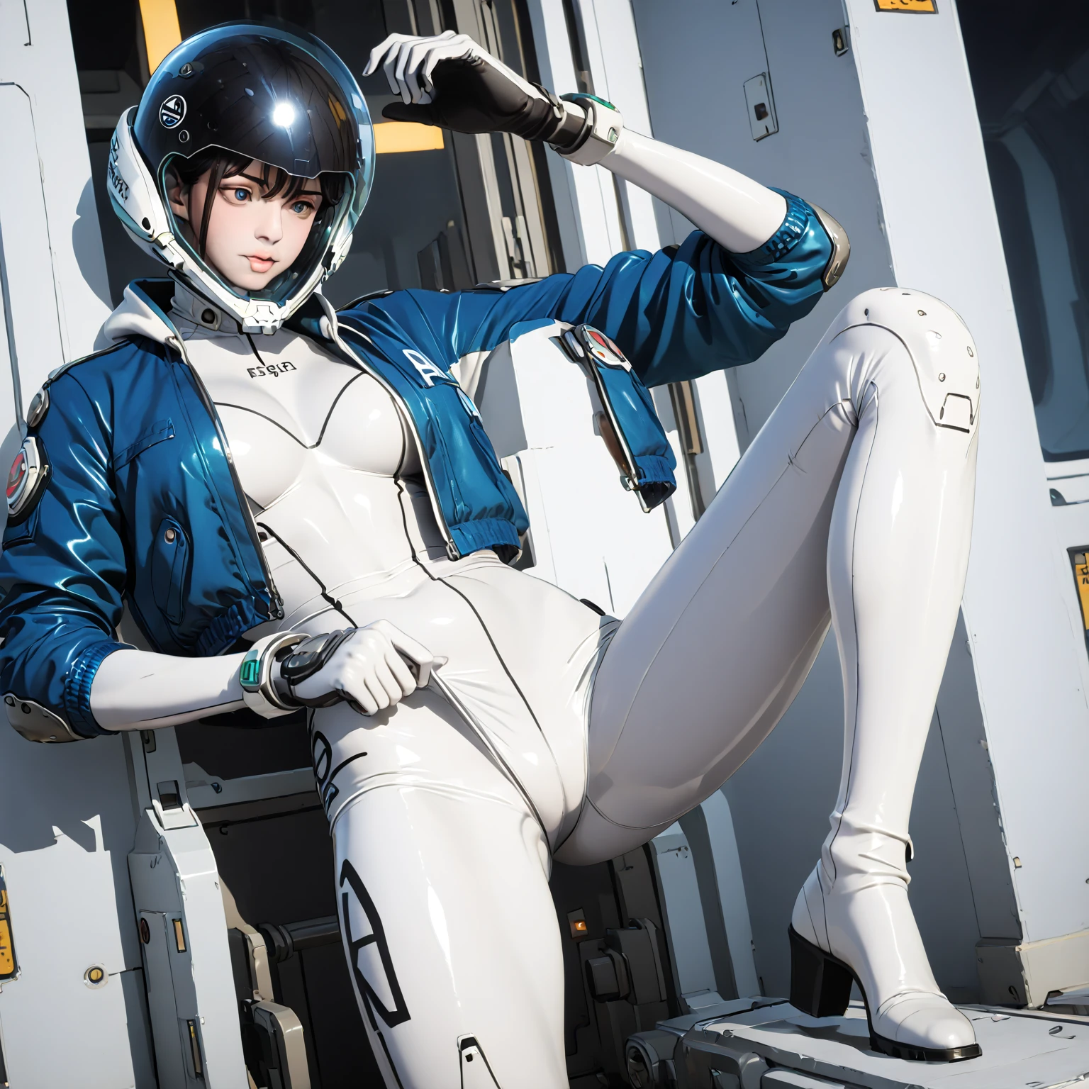 (Masterpiece, Best Quality, Best Resolution, Very Elaborate CG, Cinematic Lighting, Ray Tracing, Drop Shadows, Detail Detail, (Photorealistic), High Quality Textures, Realistic Look, Very Detailed, Sharp, High Quality, Leading Edge, Beautiful Rendering, Dramatic Pose, Detailed Shading): (Solo, Girl Alone, Japan face, short blue hair, cute girl face, short, small size breasts, sparkly blue eyes, eye level shots, pilot suit in white and blue color, tight-fitting clothes, clothes covering the whole body, light grin smile, beautiful, slim body, exoskeleton, heroine, headset, long boots, gloves, airplane control panel, tools, radar display, Touch panel, various indicators, levers, computer keyboard, mouse, warning light, fuel gauge, pressure gauge, base outside the window, control stick, thick manual, wireless communication device)