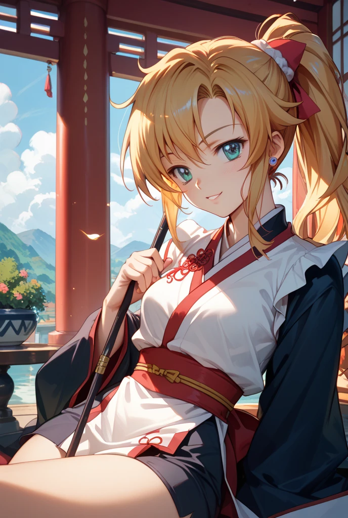 Masterpiece, Best quality, 1girll, Golden hair, blue color eyes, Female swordsman walking, Dutch angle, Cinematic, voluminetric lighting, rays of sunshine, Soft lighting, mistic, magical, rim lit, fantasy, Sparkle, glimmering, Ponytail hairstyle, Hanfu, Carrying a sword on his back, Ancient China, White and yellow clothes, Bird, The crane, Long hair, thick eyebrow