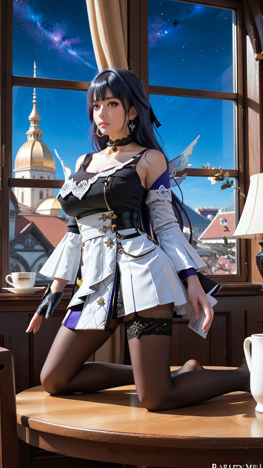 female Satsuki Kiryuin, Satsuki Kiryuin from Kill-la-Kill, mesh stockings, standing with a katana, full height, bottom view, best quality, very detailed, ultra 8k resolution, coat, vest, long skirt, portrait, full body, victorias clothing, long dress, knight, pants, black skinn suit, medieval city, plants, vest,polo shirt, forest, long skirt
