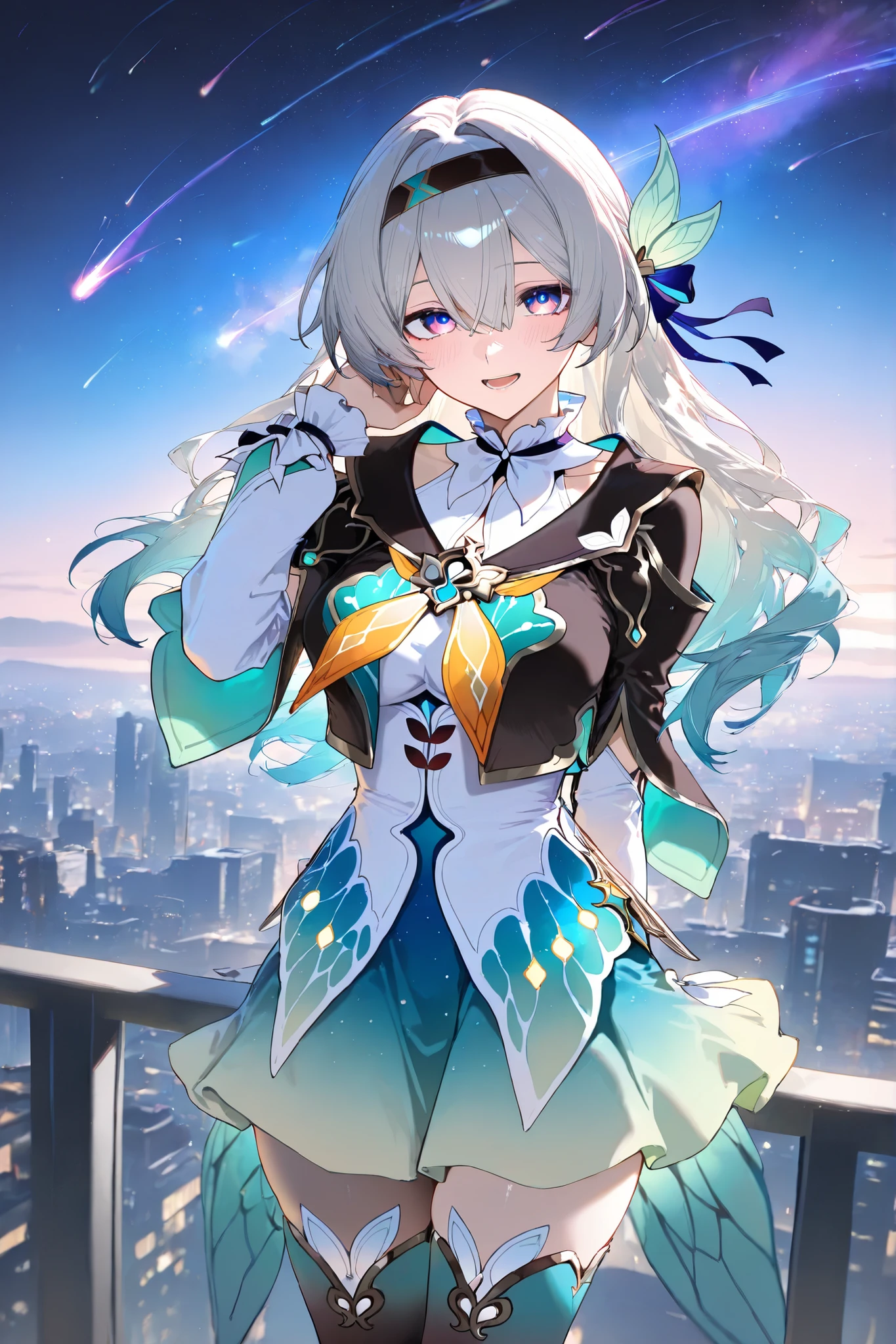 whnzz, enosan, masterpiece, high quality, best quality, detailed eyes, detailed hair, detailed skin, 8K, fine detail,  (masterpiece:1.2, top quality), detailed background, masterpiece, Rutting Eyes, excessive soft breasts, aegyo sal, Masterpiece, Highest Quality,  looking at viewer,   solo,  yoneyama mai,, looking at viewer, blurry, chromatic aberration, portrait, close-up, aegyo sal, whnzz, mnmbcstyle, five fingers, [[ ((Firefly from Honkai Star Rail)), embarrassed, (embarrassed),  ((Firefly from Honkai Star Rail ))]], smile, hair band, open mouth, solo, 1girl, group of buildings, in city, tall building, in tall building rooftop, in top of building, dawn, morning sun, Shining Horizon, galaxy, ((meteor shower)), cosmos, Light reflected on a building, firefly \(honkai: star rail\)
hairband, feather hair ornament, gradient thighhighs, gradient skirt, frilled shirt, frilled collar, frilled boots, cropped jacket, yellow neckerchief, Fluttering Hair, Put hand in hair, long hair, medium breasts, from behind