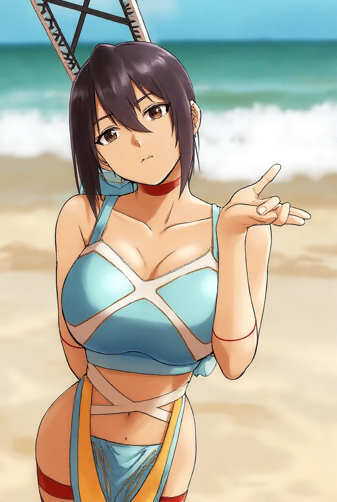 masterpiece, best quality, beautiful art, high resolution, well formed hands, body and fingers, 1 woman, solo, Hikari Hazakura, grown up, adult, big breasted, cleavage, full body, long hair, hair ribbon ,blue_japanese_clothes, gorgeous legs and thighs, white stockings, sleeveless , ryona , in peril, , defeated , knocked out, passed out, unconscious, closed eyes, laying down on the sand, exposed extended body, sexy defeated pose, sexy smirk on her face, bouncing breasts, showing vulnerability and helplessness, defeat and KO scene, martial arts tournament on the beach 