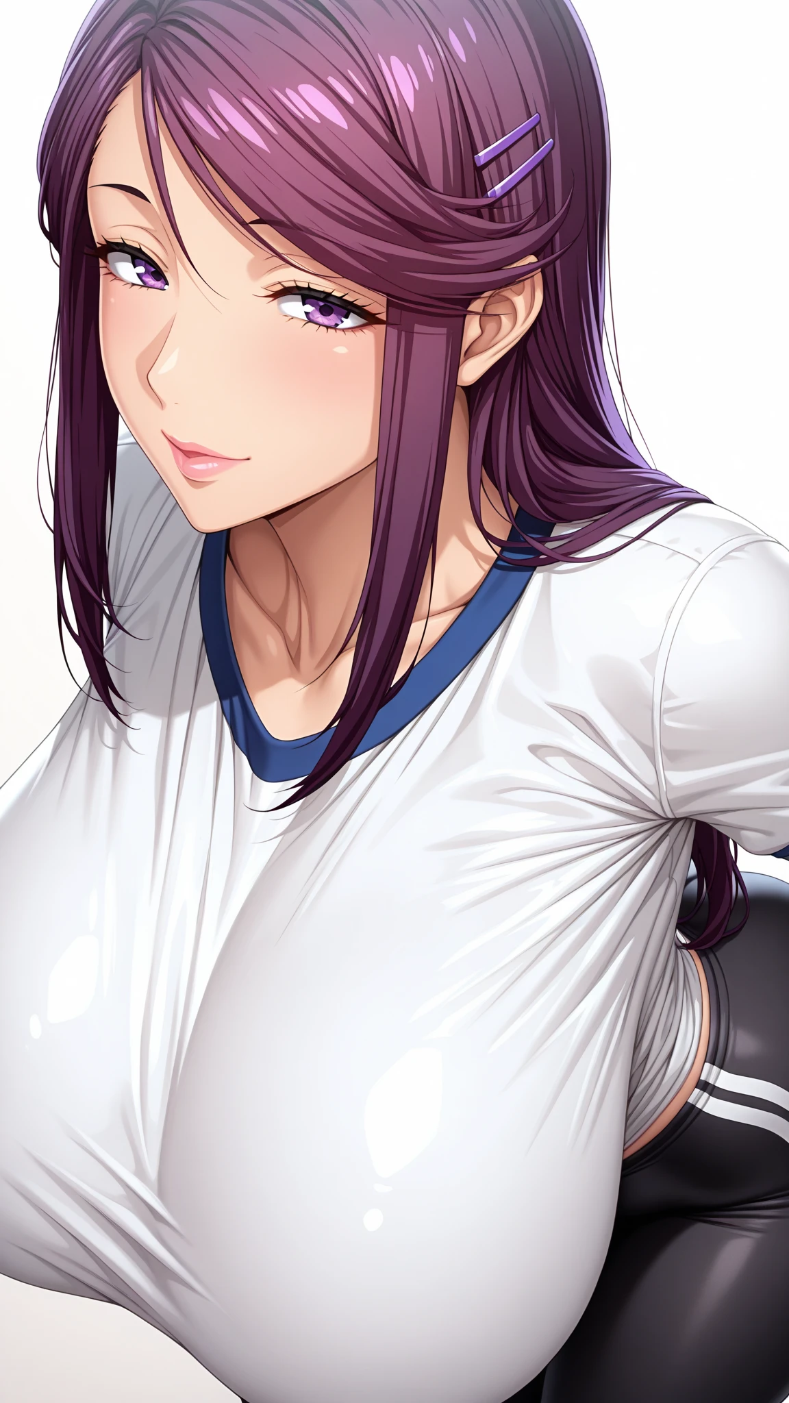 1 milf, 2 man, purple and slightly black hair, wearing a black tank top, cynical look, angry face, white background, erotic, full body, sex scene, butt, clothes off, doggy style sex, ahegao face