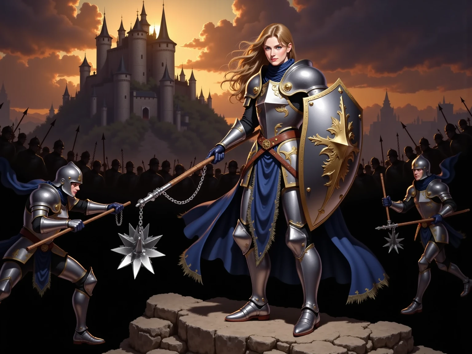 A dynamic battle scene of a warrior who holds a stick in his hand to the end of which is tied to a short chain at the other end of which is a spiked ball. MBrush. Dressed in beautiful silver armor, holding the shield in the other hand, stands at full height in a dynamic strike pose fighting several robbers in black plazas with daggers and in his hand. In the background, a castle is sieged. Sunset lighting rays of light fall through the clouds. soft shadows.  unrealistic image  . amazing quality,  8 thousand.,  high detail, oil painting style.   Ultra HD, impressive lighting. fantasy genre, dramatic lighting. A highly detailed digital art style. The composition is very rich in detail.