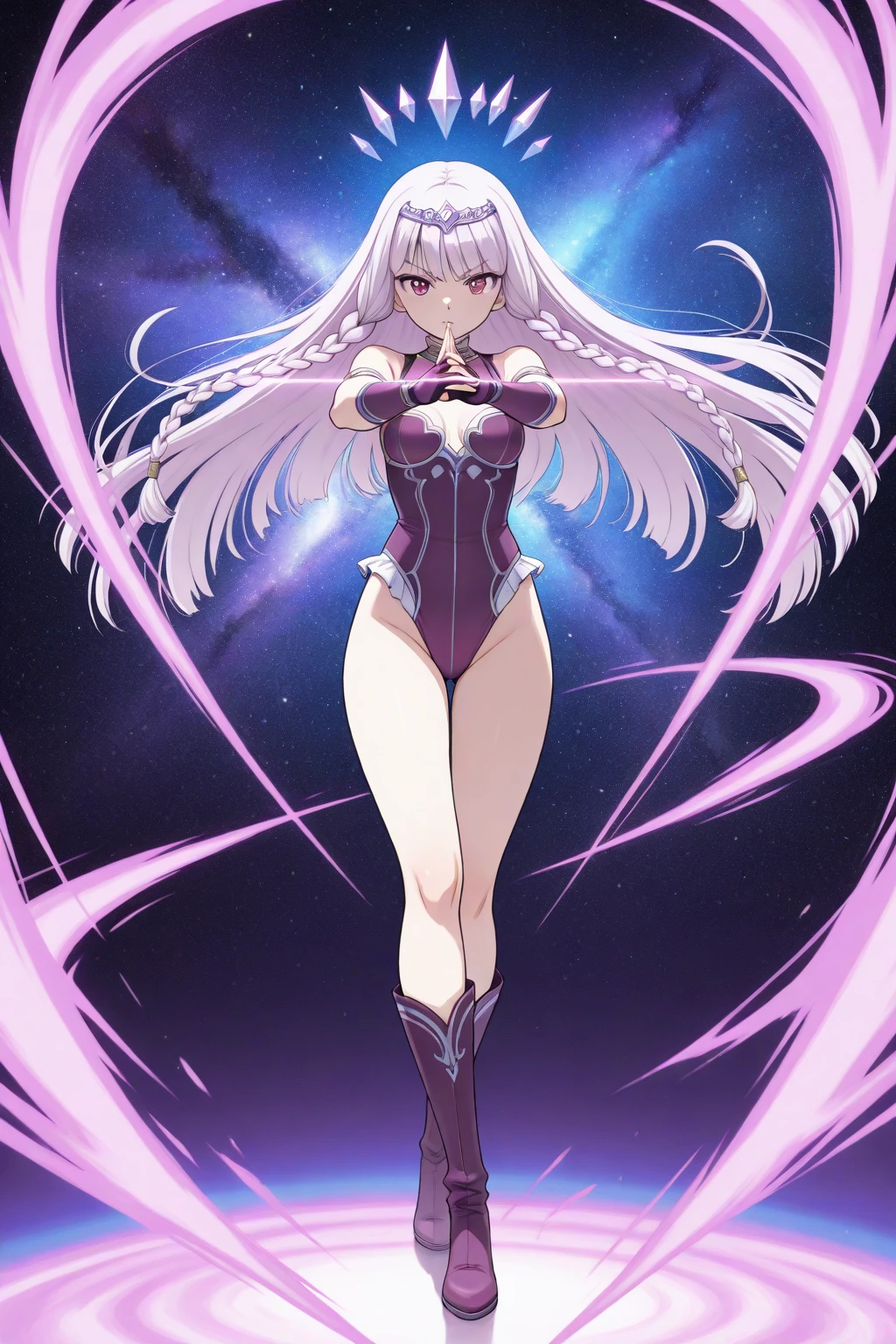 Gray (purple), Eyebrows are thin, Height is small, Big eyes, sixteen years old, Fair complexion, Large and developed chest, Glamorous, Very large chest, Young face, Legs are thin, Layered head cut, Bangs are there, Cute, Eyes are big, No cloth on the abdomen, Cartoon style, Chest is very developed, Chest is emphasized, Clothing fabric is thin, Thin abdominal muscle, Red, red, deep red, crimson are precious, Pale white, pale red, Curl inward toward the ends, Bangs are slightly long, parted on the left, Back hair, Hangs on the forehead. Curled inward toward the ends, slightly long bangs parted on the left, with back hair, hanging over the forehead, white boots, double back hair, one hundred cm chest, fifty seven cm around the waist, eighty five cm around the waist, eight k, highly saturated, abstract, bordered, hip-accentuated, , inguinal, arm-crossed, cris Yukine, SENKIZESSHOU SYMPHOGEAR.Leg spread、Groin、Hips、8k、独奏,One person, High resolution, Textured skin, Ultra high definition, Kick