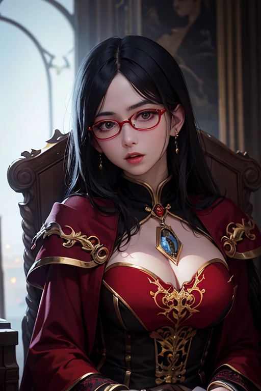 beautiful woman on a Throne ,in Hell, Flames scene, Demon Queen, Imperious women, sadistic smile, brunette, Long Curved Hair, red lips, Blue eyes, wears glasses, Big boobs, Thin waist, eYeliner, big eyelashes, seductive pose,