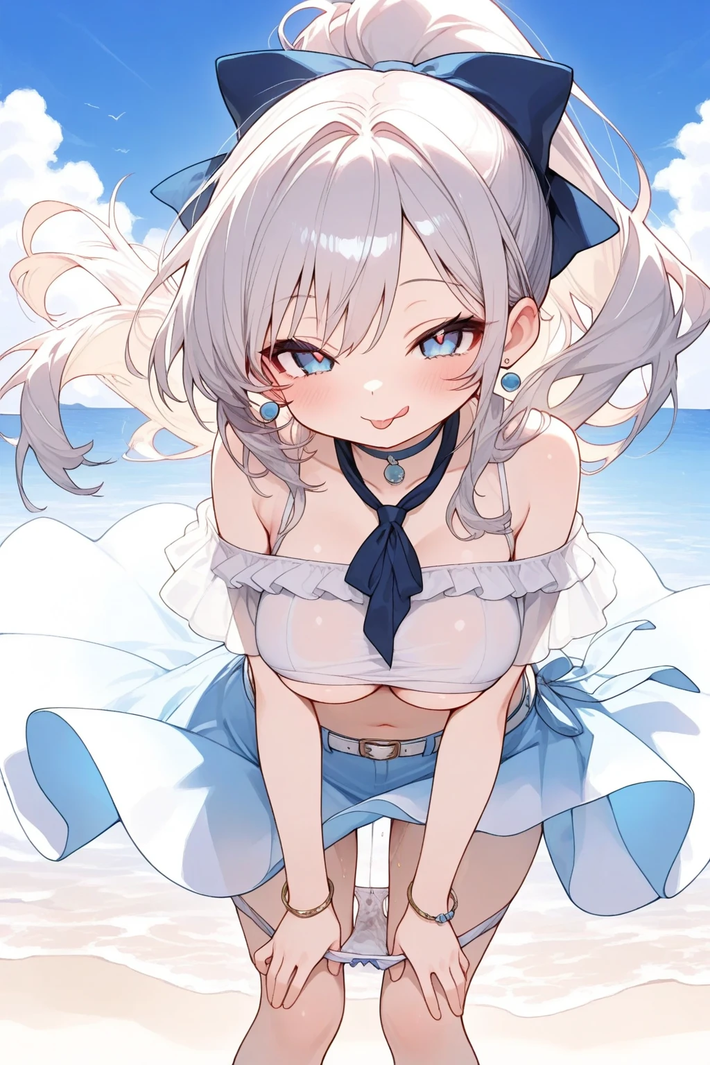 beautiful illustrations, highest quality, pretty girl,beautiful girl、clear face、 half girl、pastel colour 、blush、perfect hands、five fingers、fantasy、fantasy、thighs、(perfect face:1.1), smile、simple swimwear、white bikini、ponytail