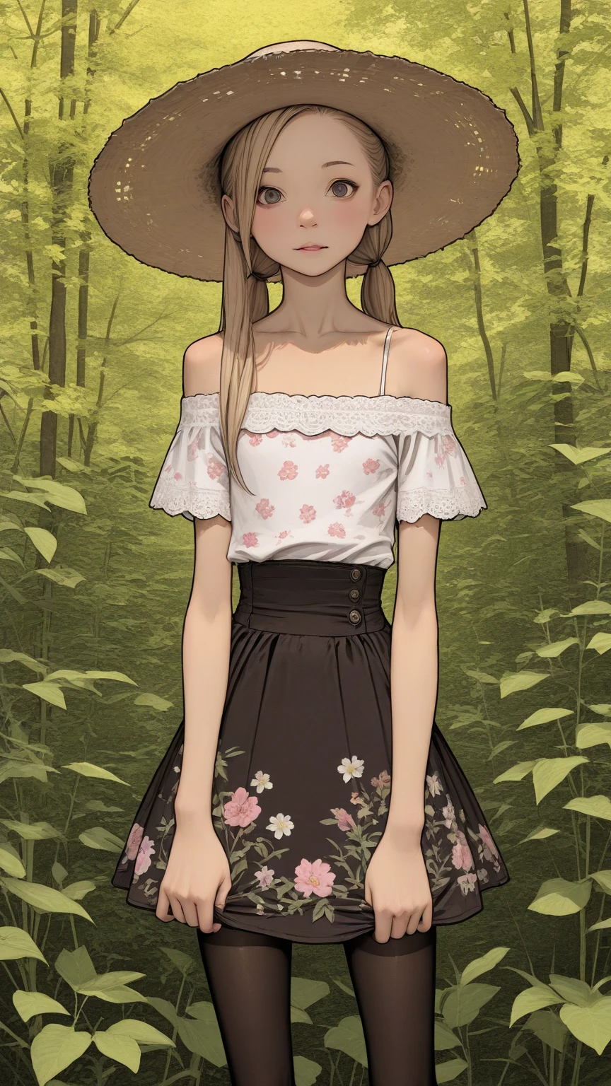 High resolution photo of the most beautiful very young teenage girl from GERMANY. She has very long bleached blonde hair that frames her face, pulled back into a ponytail. A skinny girl. A radiant young girl, 11 years old. She has long, flowing brown hair that catches the sunlight. Her outfit is a mix of modern and bohemian: a soft white off-the-shoulder blouse tucked into a high-waisted floral print miniskirt swaying in the breeze. Black stockings. She is wearing minimal accessories - a lace collar and a woven straw hat tilted slightly to the side. Her confident yet gentle expression complements the natural surroundings, and a light breeze carries leaves and flower petals around her. Flat color.