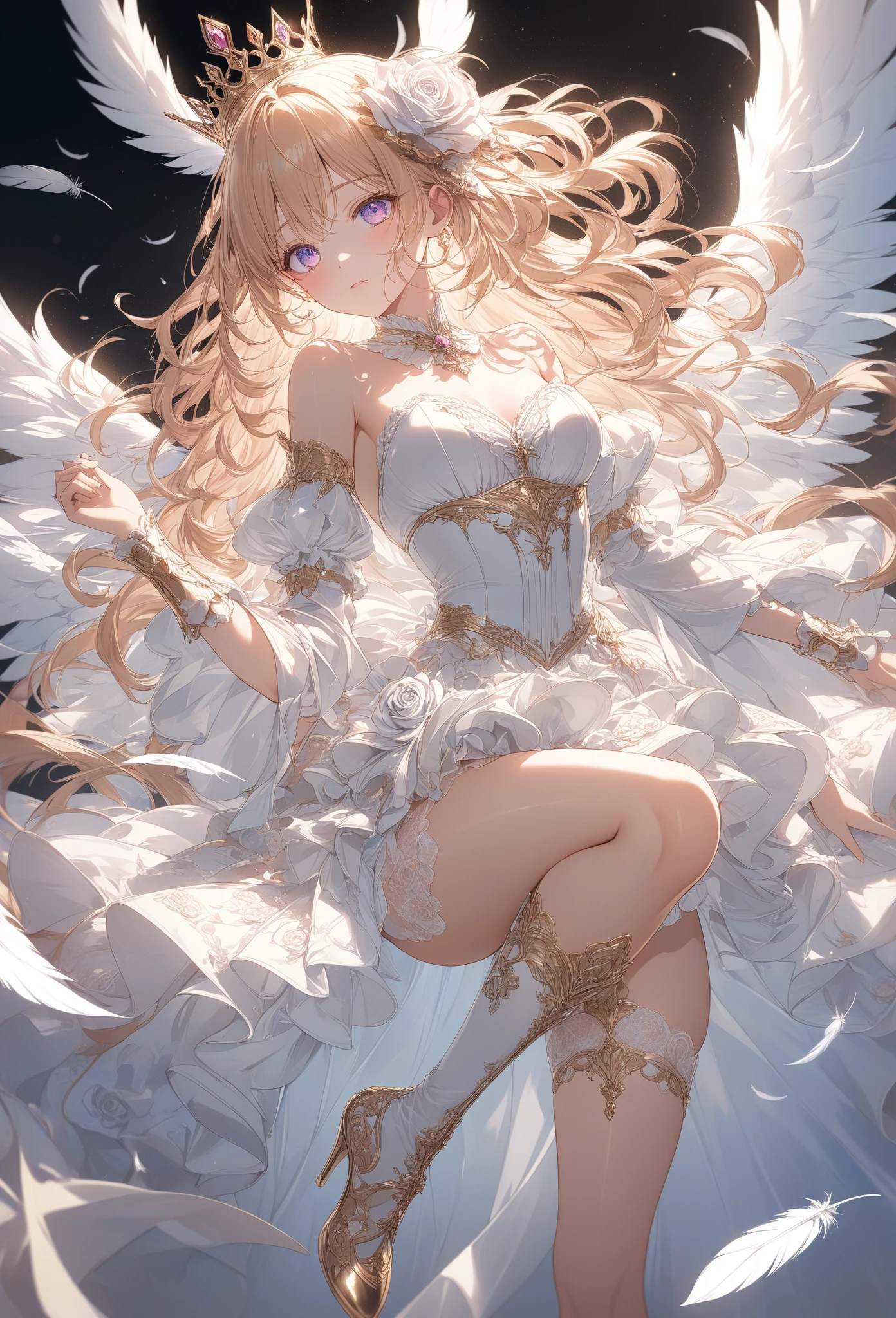 ((Highest quality)),(Ultra-high resolution),(Very detailed),(Detailed Description),((The best CG)),(A masterpiece),Ultra-detailed art,Amazing painting art,(Works with precise details:1.5), (1 female:1.6),(Beautiful and well-proportioned face:1.5),(Curly Hair:1.6),(Intricately detailed sexy lace dress:2.0),Fine jewellery with exquisite detailing:1.5,Waist Accessories:1.5,Look at me and smile:1.5, (See-through nipples), Angel Girl, (((Magnificent white angel wings on his back:1.2))), Mature Woman,Descended into the church,(Pastel colored hair:1.3),(Red and black long high heel boots:1.4), (garter belt), (stockings)、 (Floating in the sky with magical powers:1.2),(Floating skirt:1.5), (Embarrassed expression, blush:1.2),(bracelet), (Sparkling Eyes)、(full body)、(multiple views)