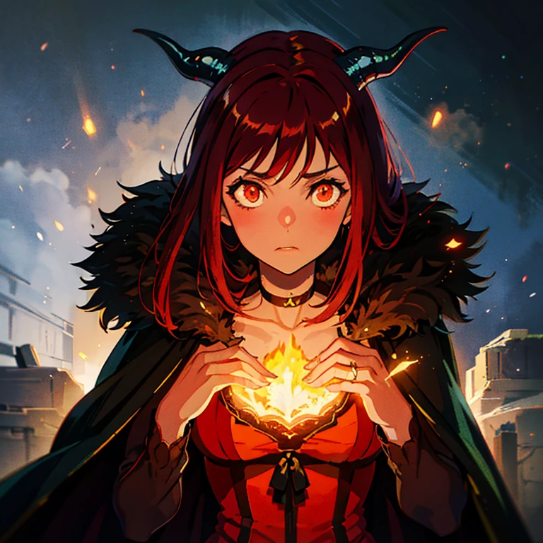 ((high quality, movie quality, best quality, extreme details, masterpiece detail eyes)), black background (full of fire), a beautiful oriental girl (20 years old), Oval face, fiery red hair shawl (elegant), Bright fiery red phoenix eyes, fiery red eyes,Wearing Han Dynasty phoenix costume, sideways, head (close up), 8k, The fire inside is burning, mirror style, movie lighting,