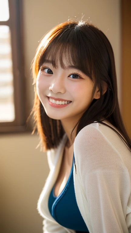 masterpiece,best quality,(Japanese ),((Beautiful girl)),cleavage,indoor,(perfect body beauty:1.2),(shy smile),beautiful teeth,