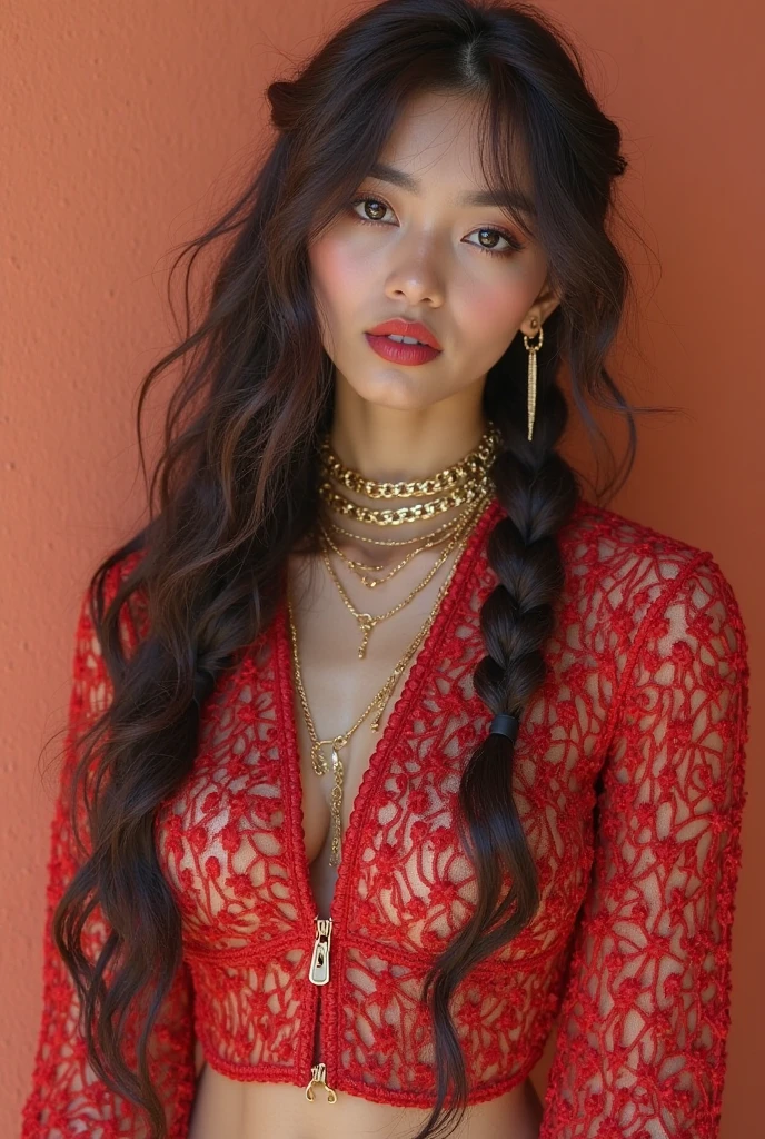 (A sexy Asian woman ?(age 20), (tiny bikini, athletic, big butt, long hair put up in fancy style) she has love poems penned with henna on her back in a artsy font) she is holding her hair up, her back is to the viewer