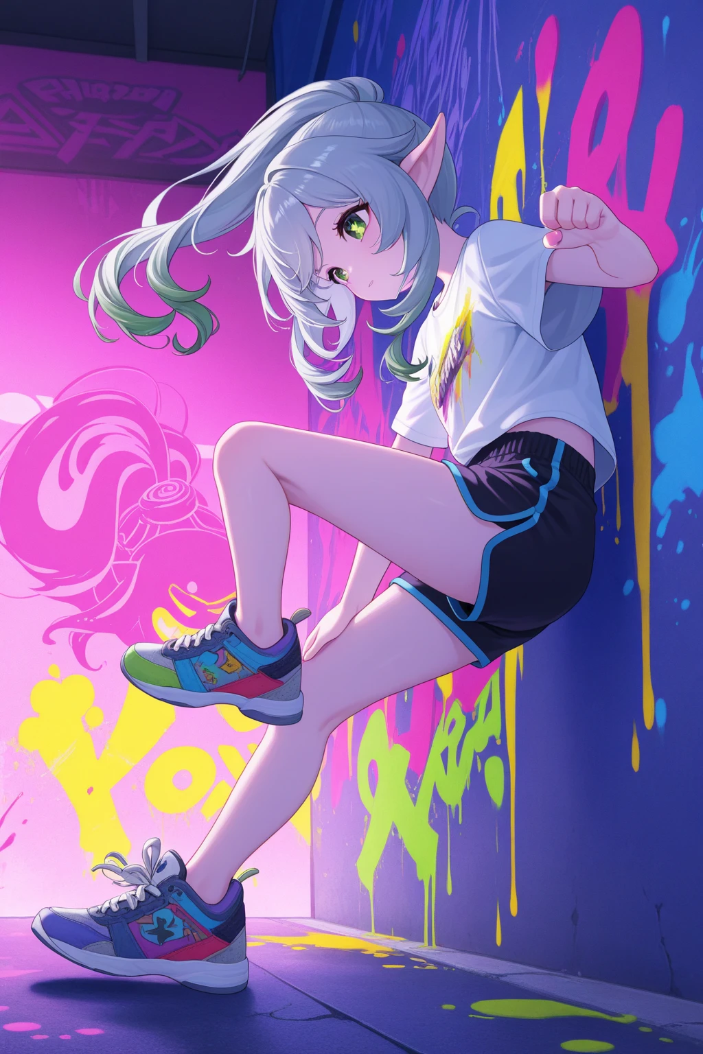 (best quality:0.8), ((masterpiece)),perfect anime illustration,1girl, short hair girl wears headphones, gradient, floating, grey hair,pink and cyan color, neon colors,cyberpunk character,dystopian or a post-apocalyptic world.