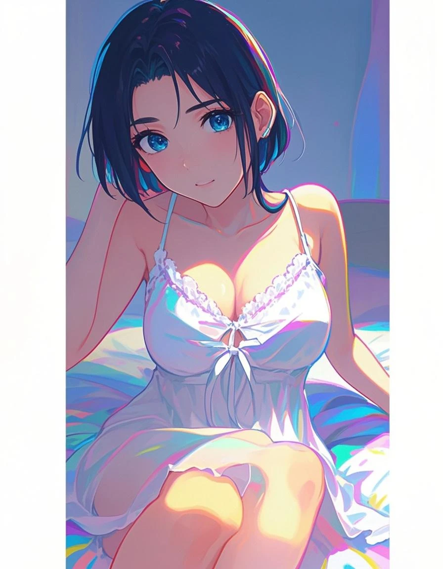 Tazune rirei, 8k, ultra-detailed, Masterpiece, best quality, perfect lighting, aqua eyes, black hair, side ponytail, camisole, navel, shorts, barefoot, spoken heart, bedroom, sitting on bed, 1girl, solo, looking at viewer, portrait, bokeh, blush, embarrassed