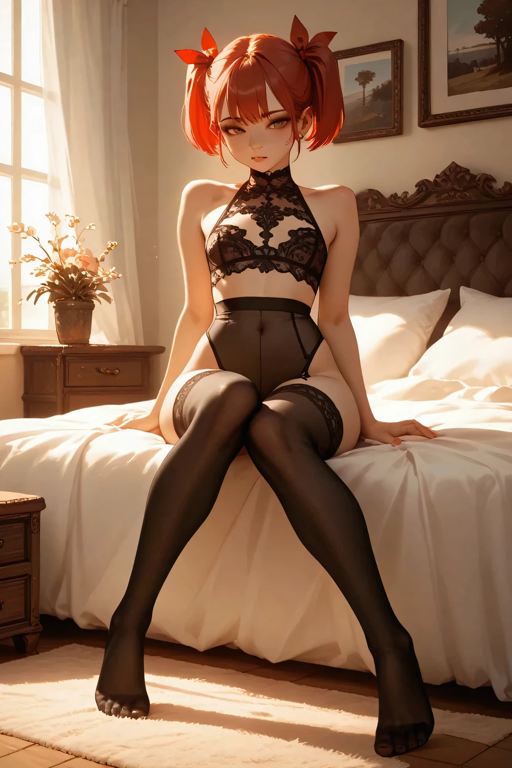 12:27 (8k, top quality, masterpiece: 1.2), (realistic, photorealistic: 1.37), 1 girl, Japan, woman in her twenties, evening, professional lighting, photon mapping, micro bikini, visible areola, gal, eyelashes very much, eyeshadow intensifies, bright red lips, short cut (boyish hair), full body, flesh-colored underwear, hotel, white blouse, bed, Sleeping, lying down, dim eyes, open mouth, small breasts, A-cup, overhead view, wide open mouth, half-open eyes, open legs, hands folded behind back, high heels, black stockings