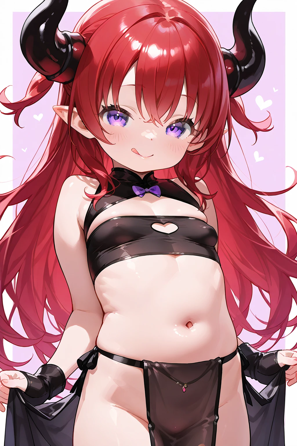 1girl, solo, long hair, looking at viewer, smile, bangs, thighhighs, navel, hair between eyes, twintails, sitting, closed mouth, underwear, ahoge, red hair, fang, black thighhighs, flat chest, orange eyes