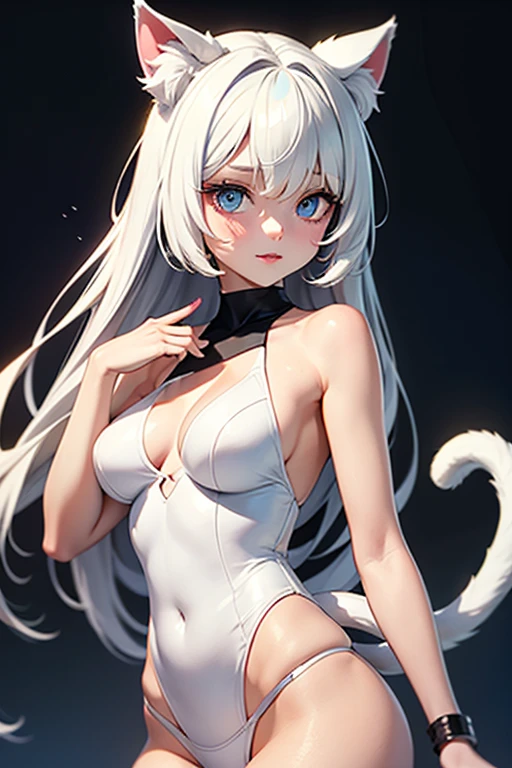 (Masterpiece), (Best quality), full bodyesbian,Simple background, 1girll,Shiny hair,White hair, White cloak, ((See-through)),navel,Light smile,((black sock)),black_Bikini ,navel,cat ear, Long hair, Red eyes,(Gushki thighs:1.2), Beds