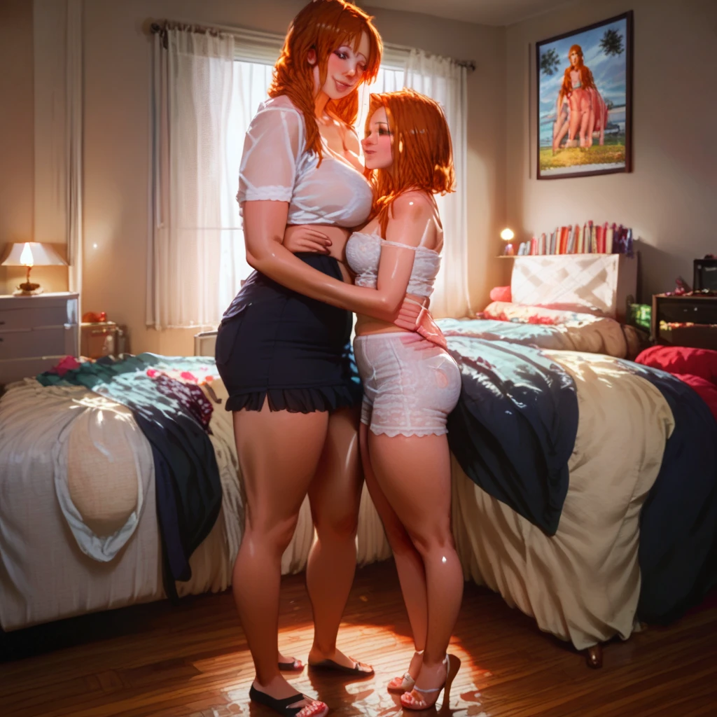 Masterpiece, (realistic), high-res, highly detailed, complicated, Beautiful women, red hair, blue eyes, freckles, detailed face, from behind, showing ass, smile, on bed, 2 girls,full body (NSFW breasts), hdri, extremely naked, nude, nua, pelada, nsfw, gigantic breast 1.9