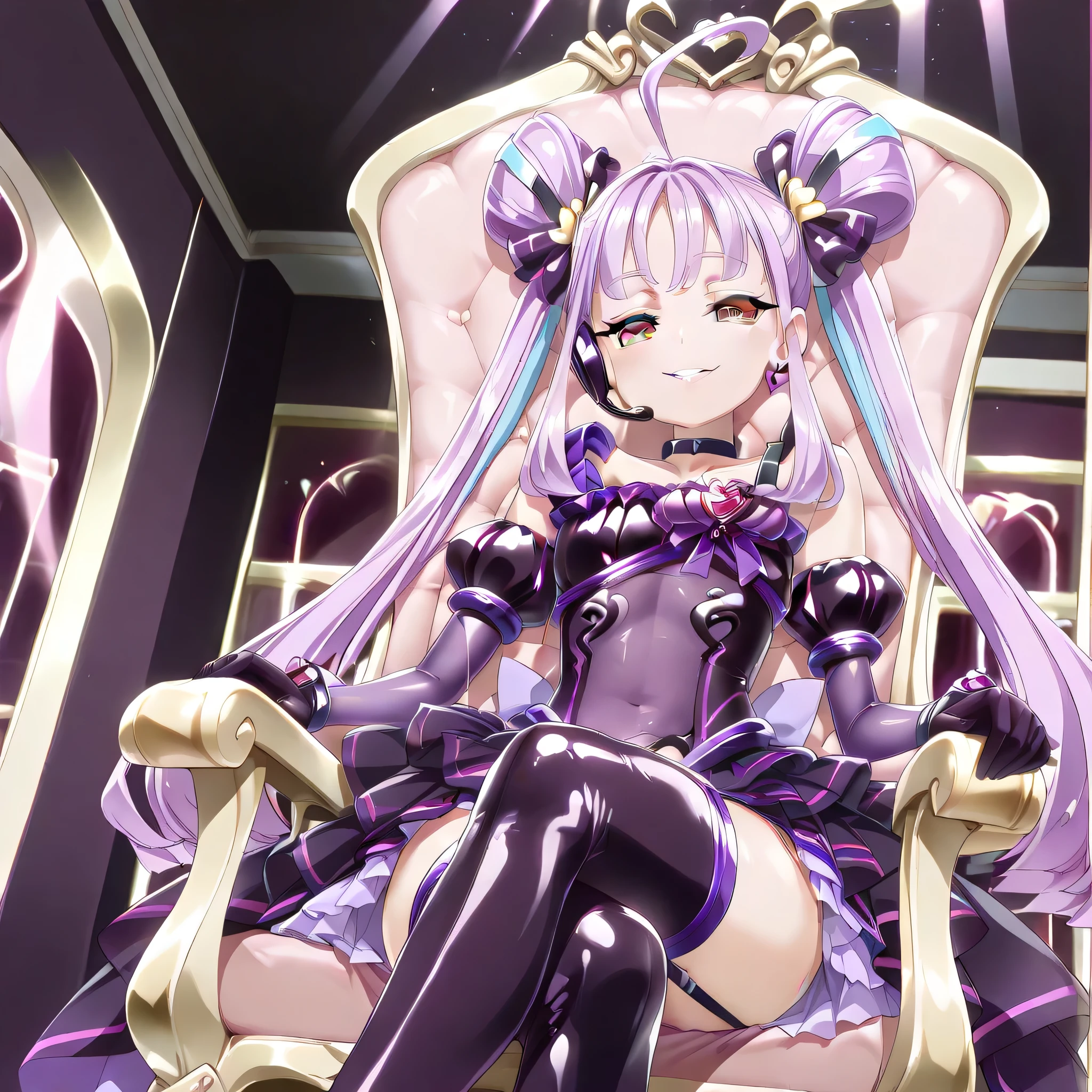 (((Masterpiece))), (((Best Quality))), ((Super Detail)), ultra-High resolution, score_9,score_8_up,score_7_up,score_6_up,score_5_up,score_4_up, BREAK, source_anime, anime screencap, uncensored, rating_explicit, Masterpiece, (absurdres), (detailed background), (very aesthetic), detailed beautiful eyes, outstanding, countershading, detailed soft lighting, an exquisite animation illustration, curvy, highres, lusterise, flora, dark persona, purple eyes, very long hair, covered navel, showgirl skirt, thighhighs, elbow gloves, garter straps, (((solo, 1girl))), hair ornament, seductive pose, submissive pose, anime style, anime coloring, animification, megami magazine, sexy pose, small breast, cure kyunkyun, kimi to idol precure, purple hair, twintails, very long hair, ahoge, hair bow, heart brooch, earrings, headset, magical girl, idol, corruption, smile, sitting, crossed legs, sitting on chair, park, tilt head, evil grin, evil smile, dappled light, sunbeam, looking from below, view from below, from below, dark theme, horror theme