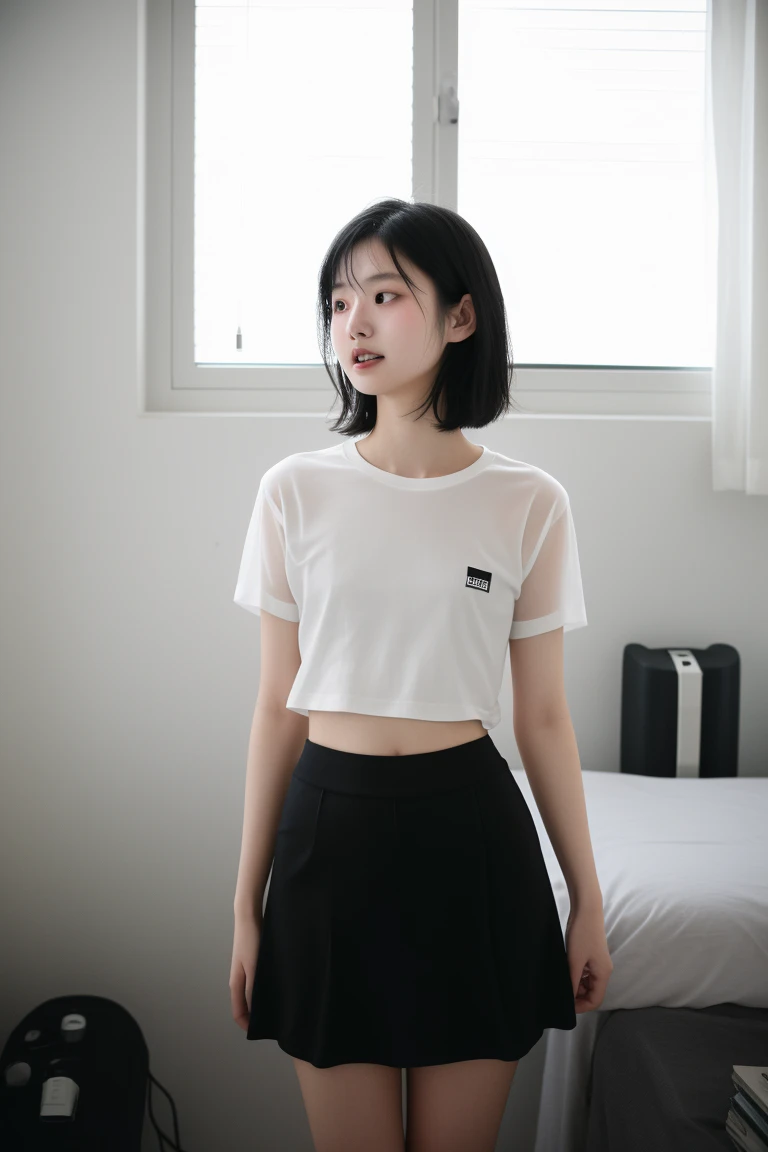 pretty girl in shorts, white panda blouse, black straight hair, tired look and wide legs